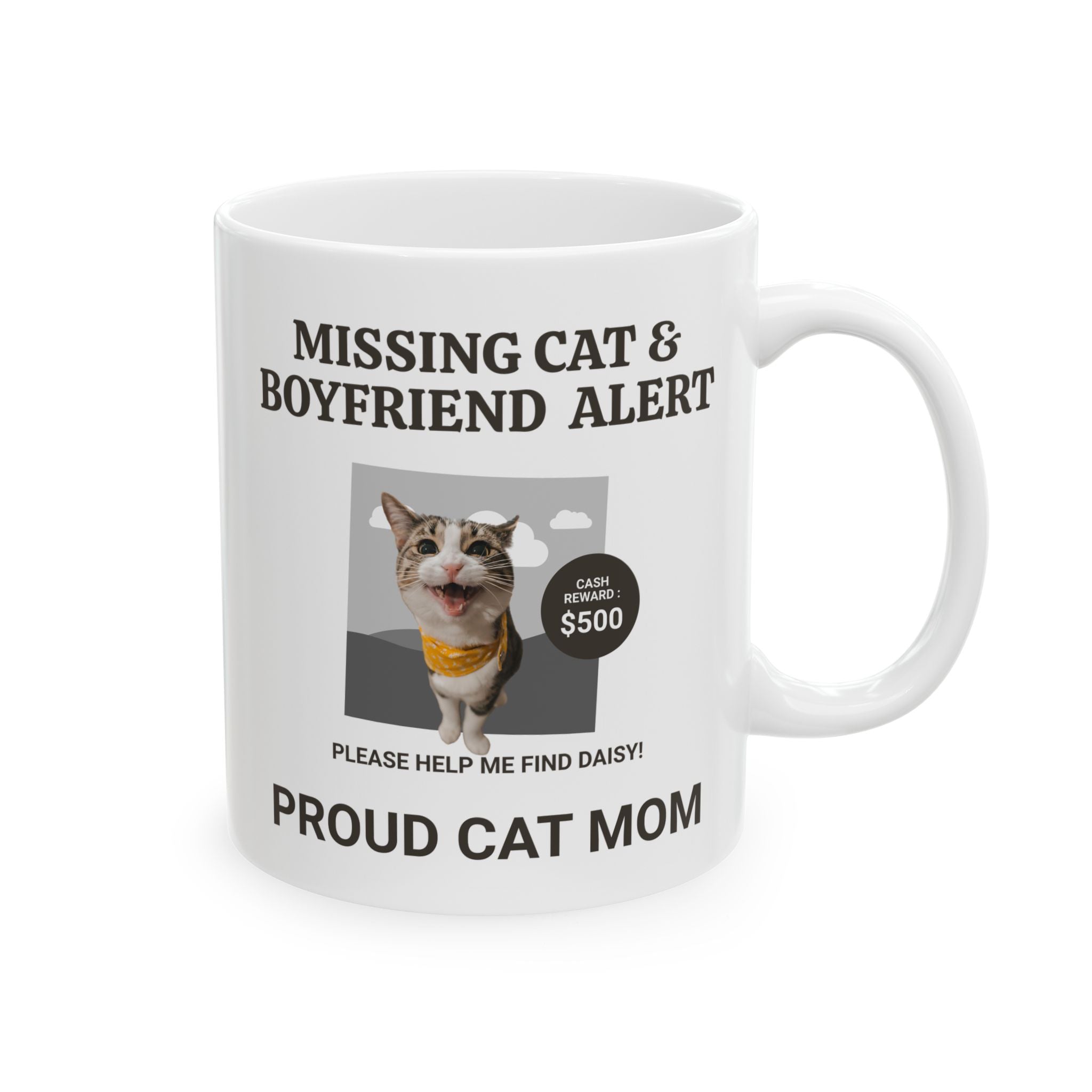 Funny Missing Cat & Boyfriend Alert Ceramic Mugs, Cat Mom Mug, Funny Cat Mug, Cat lover Mug, Gift for Cat Mom, Cat Mug