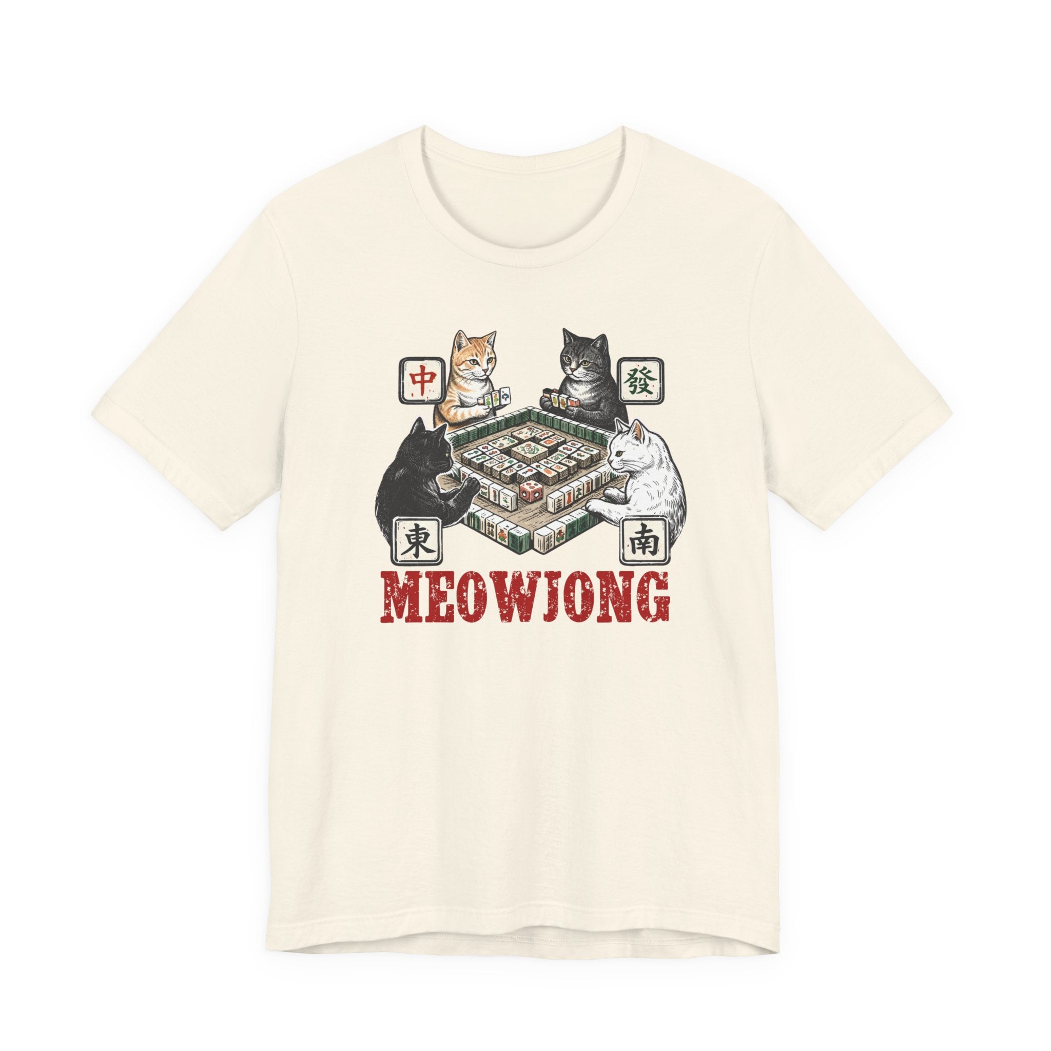 Meowjong Bella Canvas 3001 Shirt, Cats Playing Mahjong T-Shirt, Vintage Chinese Tile Game Gift, MahJong Player Present