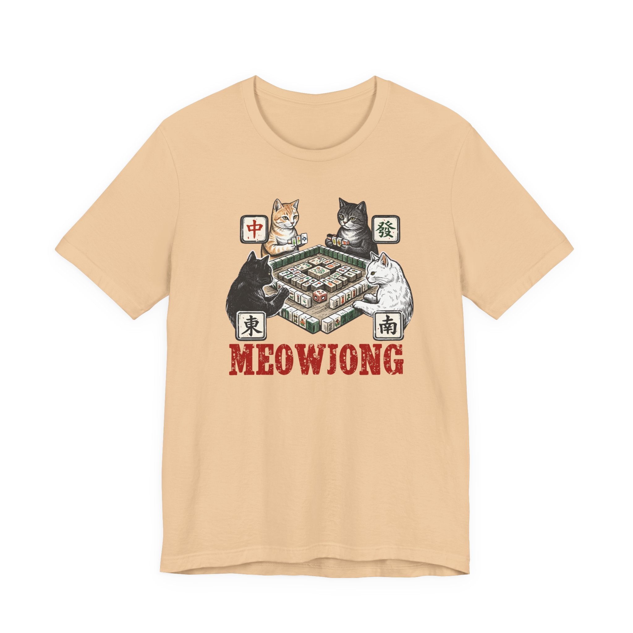 Meowjong Bella Canvas 3001 Shirt, Cats Playing Mahjong T-Shirt, Vintage Chinese Tile Game Gift, MahJong Player Present