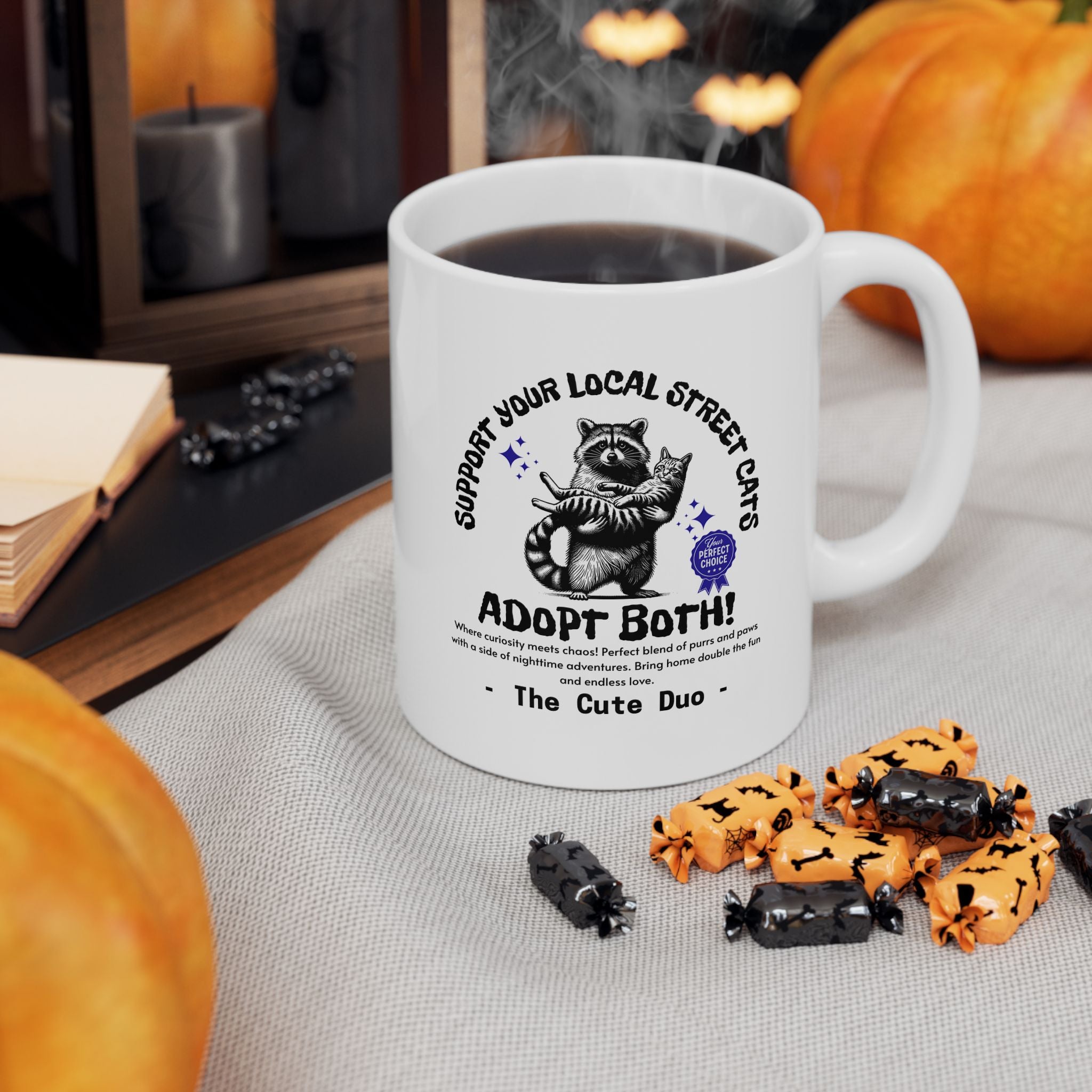 Funny Raccoon Ceramic Mug, Funny Cat Mug, Support Your Local Street Cats Mug, Cat Lover Mug, Gift for Cat Lovers