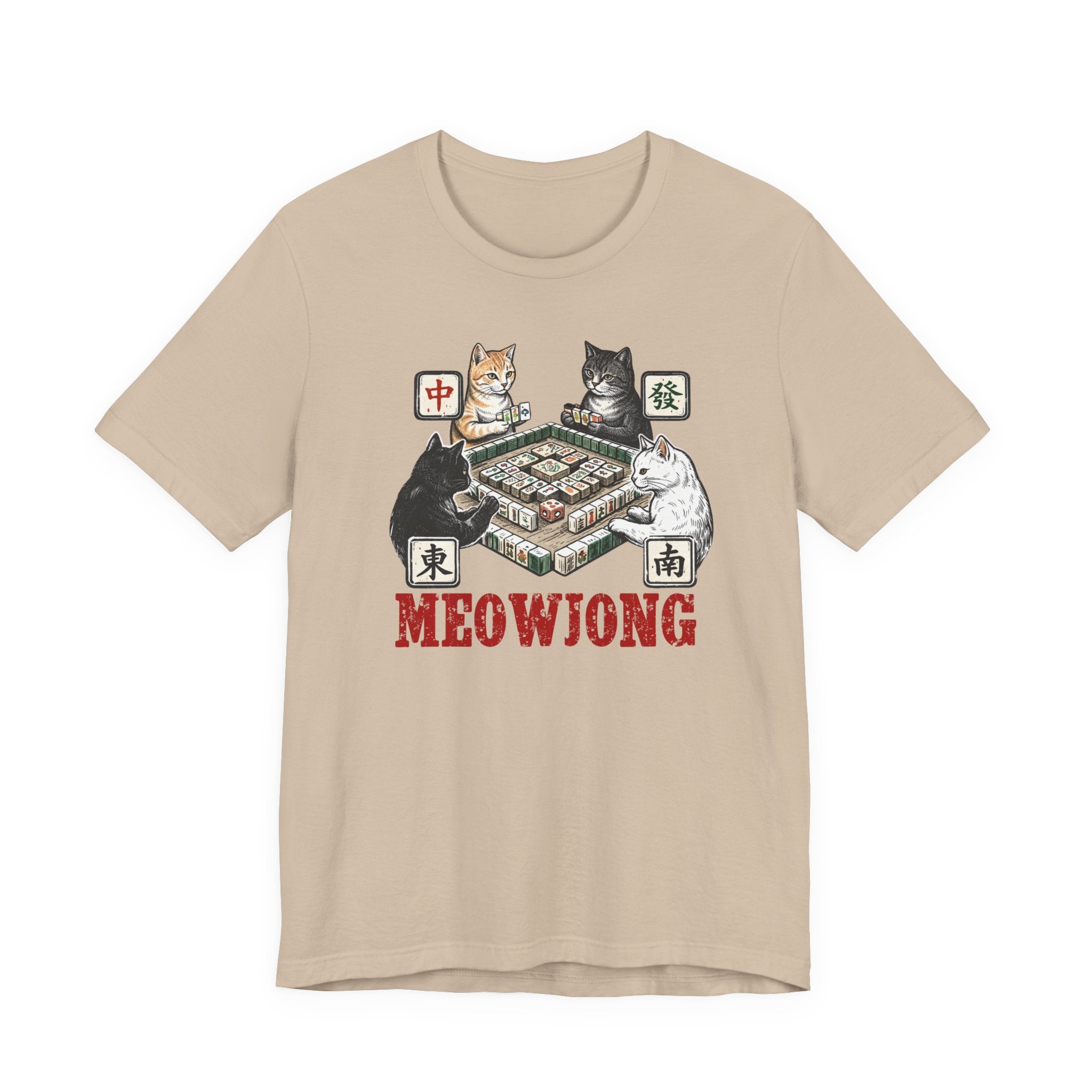 Meowjong Bella Canvas 3001 Shirt, Cats Playing Mahjong T-Shirt, Vintage Chinese Tile Game Gift, MahJong Player Present