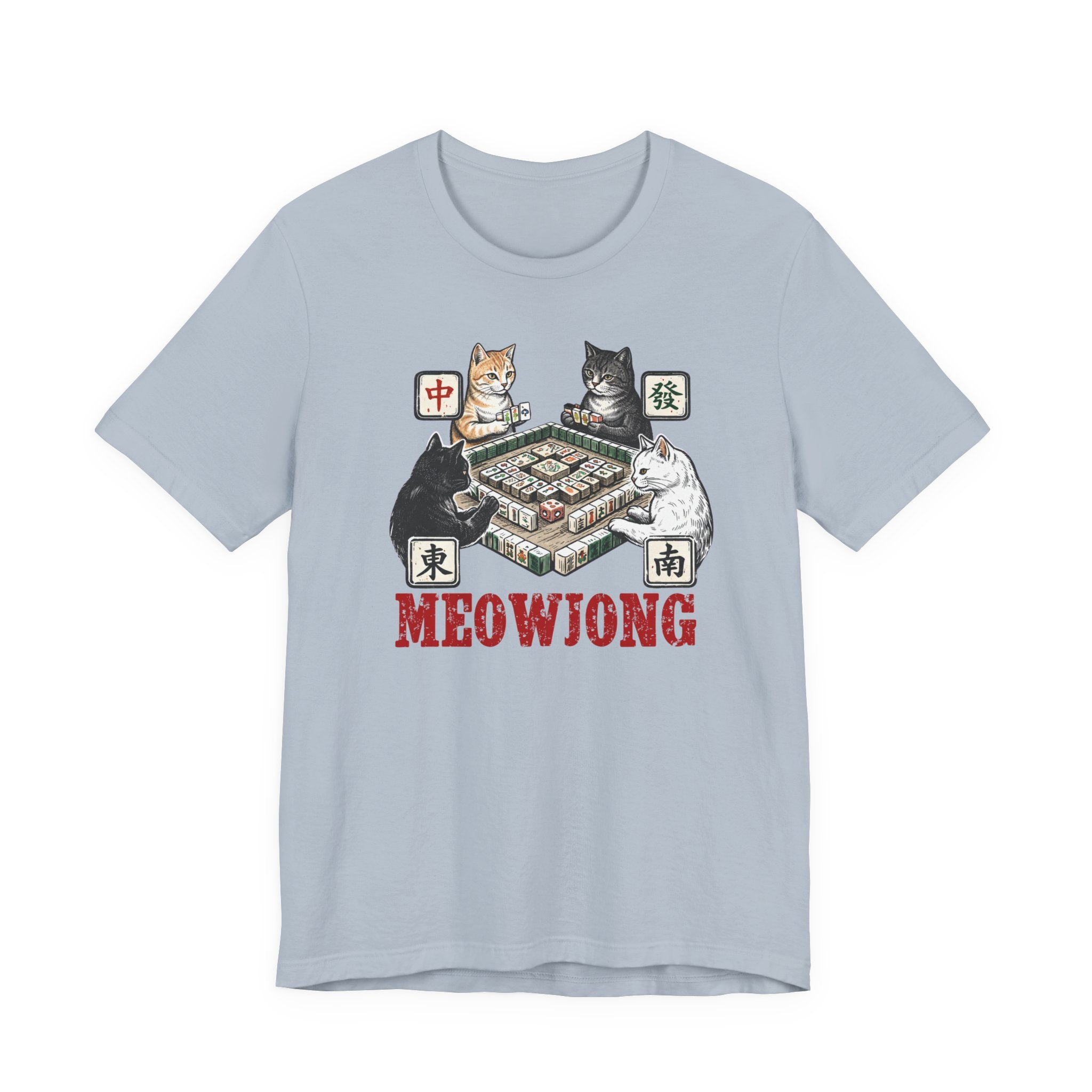 Meowjong Bella Canvas 3001 Shirt, Cats Playing Mahjong T-Shirt, Vintage Chinese Tile Game Gift, MahJong Player Present
