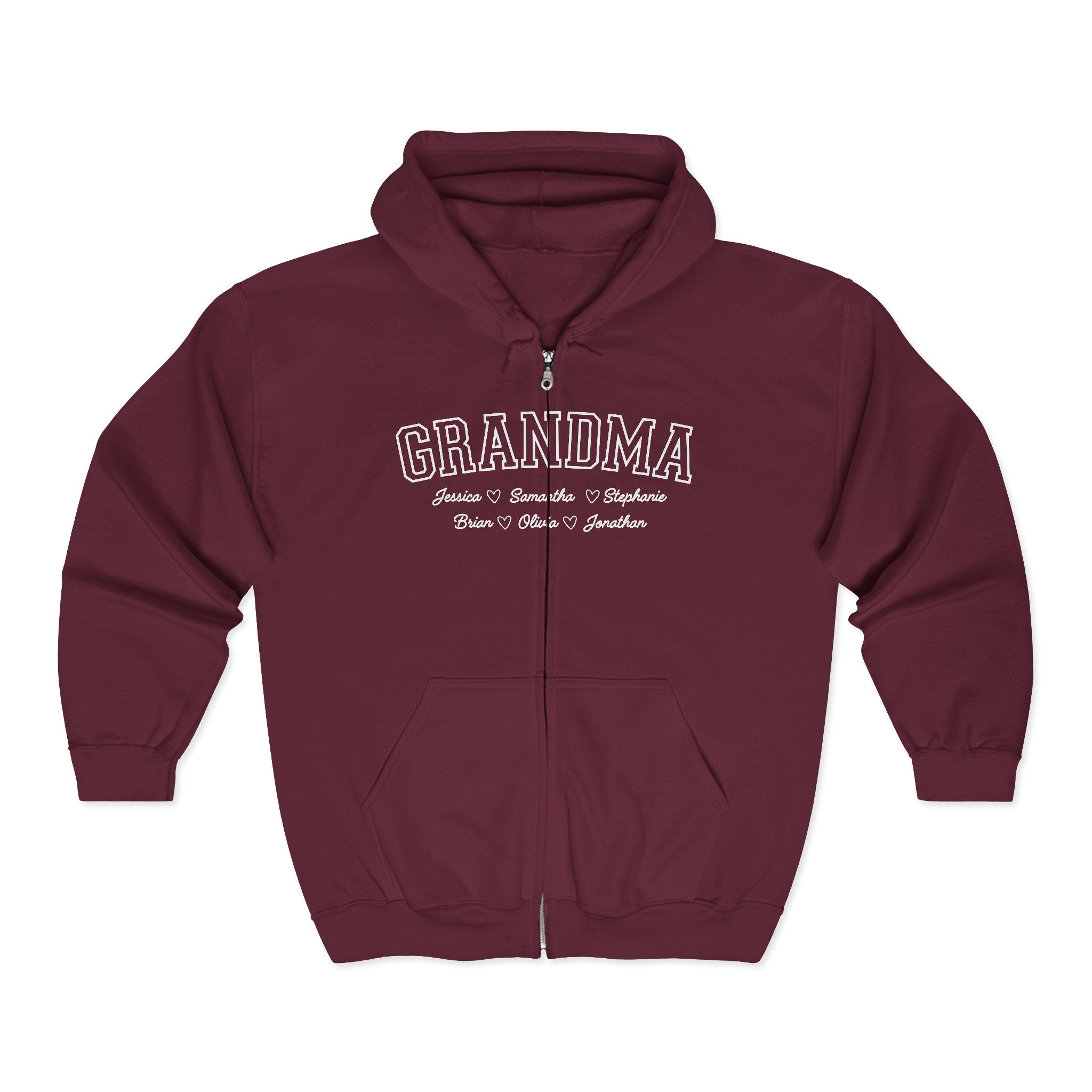 Personalized Grandma Hoodie with Grandkids Names: Full Zip Sweatshirt