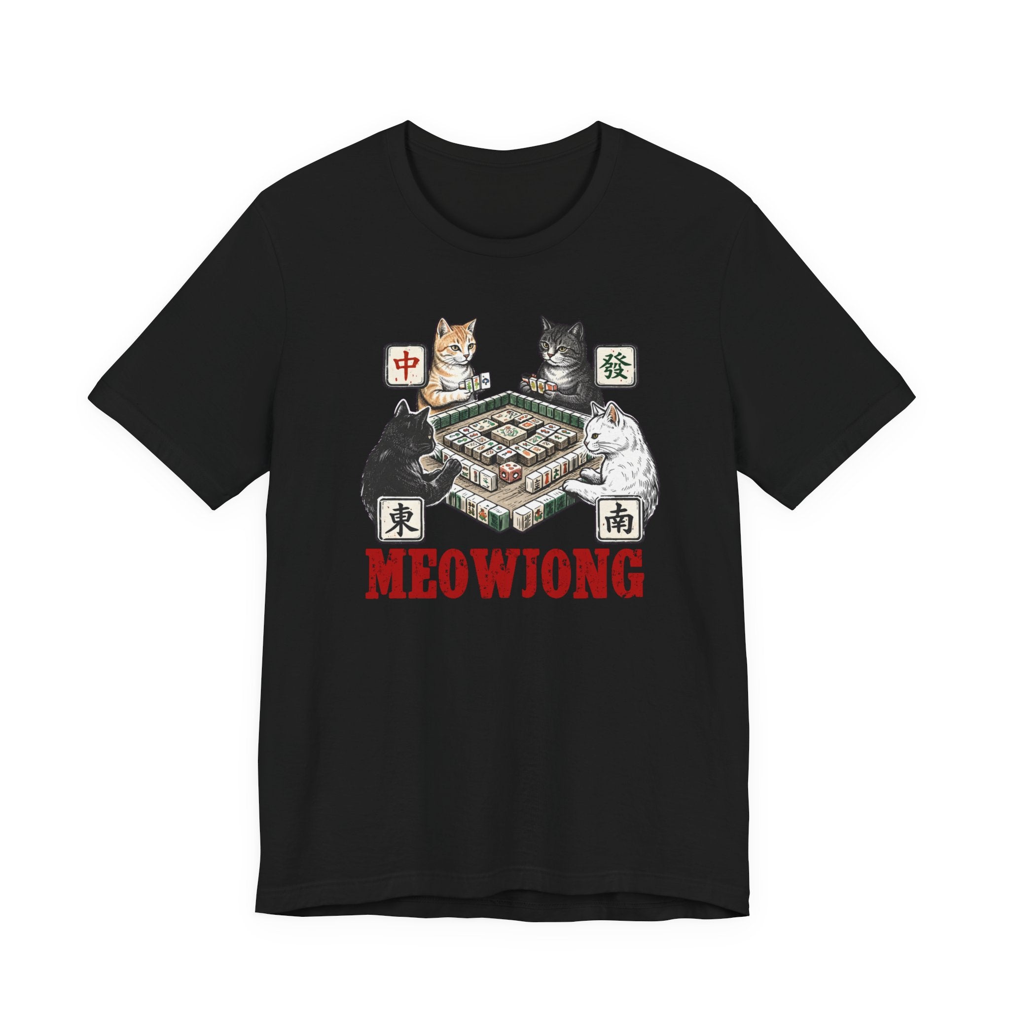Meowjong Bella Canvas 3001 Shirt, Cats Playing Mahjong T-Shirt, Vintage Chinese Tile Game Gift, MahJong Player Present