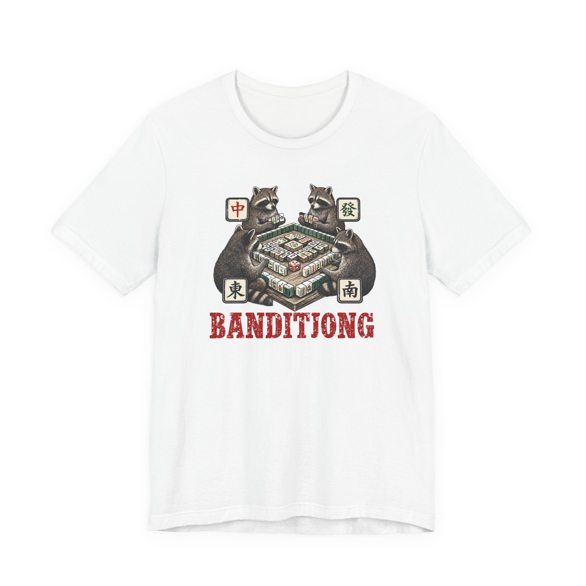 Mahjong Bella Canvas 3001 shirt, Raccoons playing Banditjong outfit, vintage Chinese tile game gift