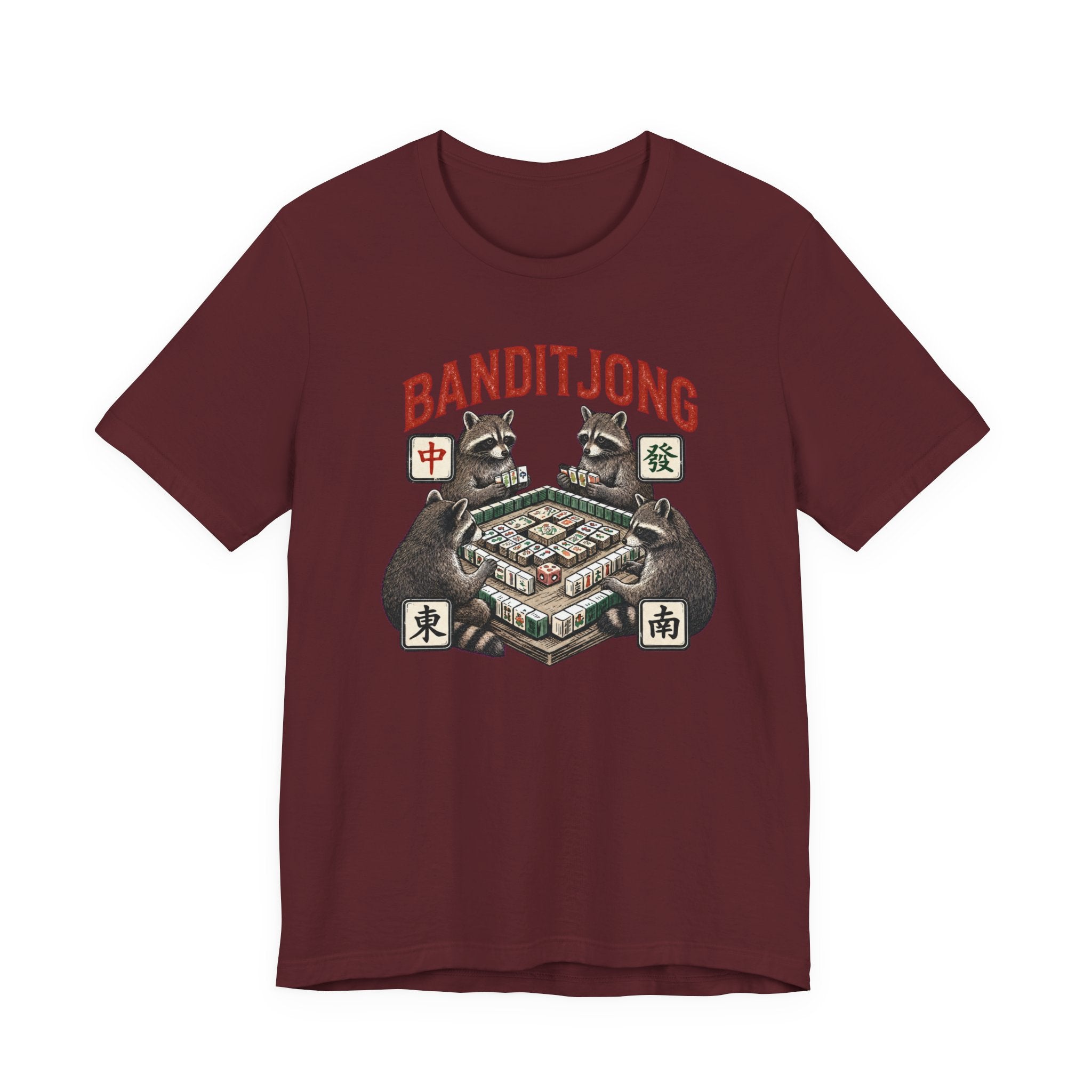 Mahjong Bella Canvas 3001 shirt, Raccoons playing Banditjong outfit, vintage Chinese tile game gift