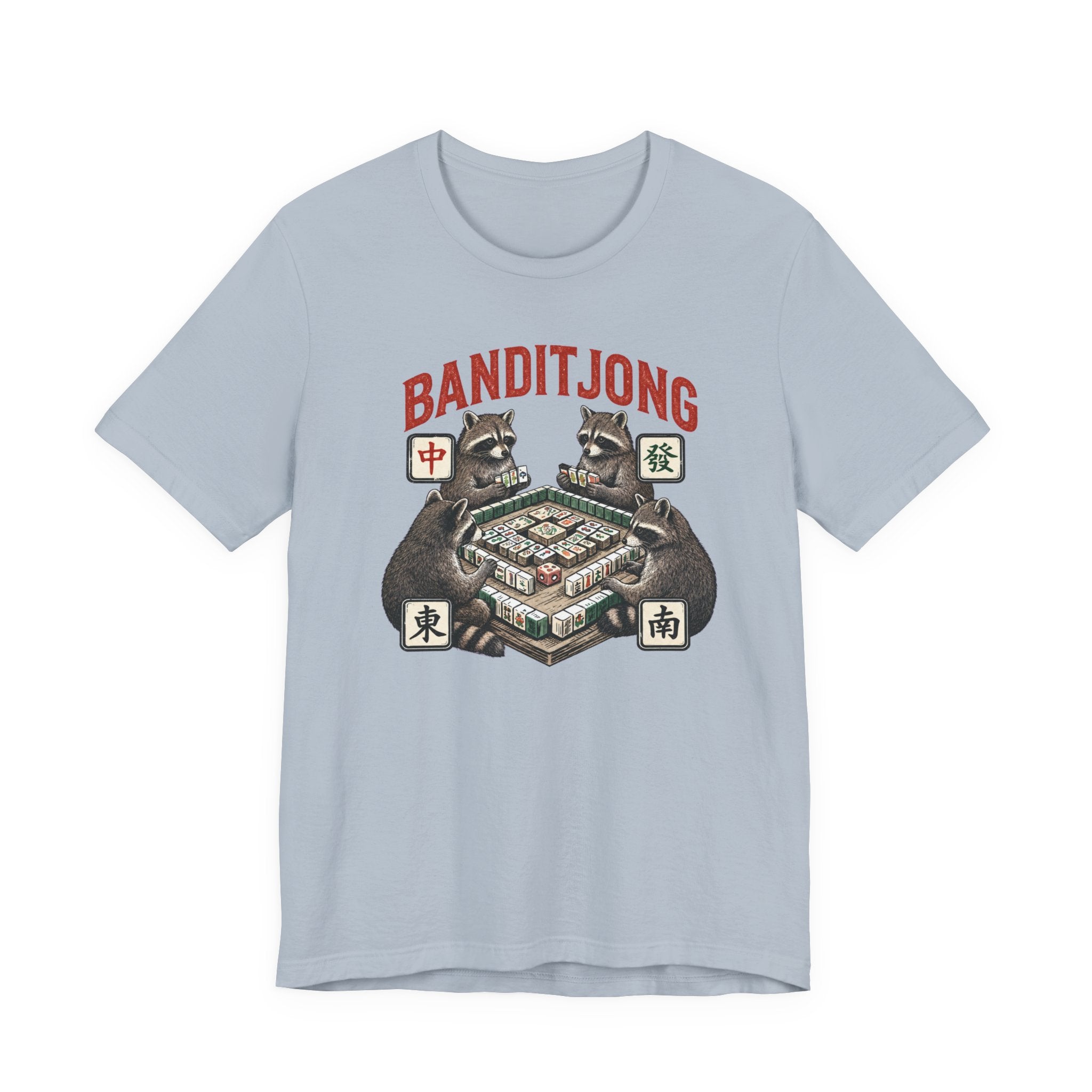 Mahjong Bella Canvas 3001 shirt, Raccoons playing Banditjong outfit, vintage Chinese tile game gift