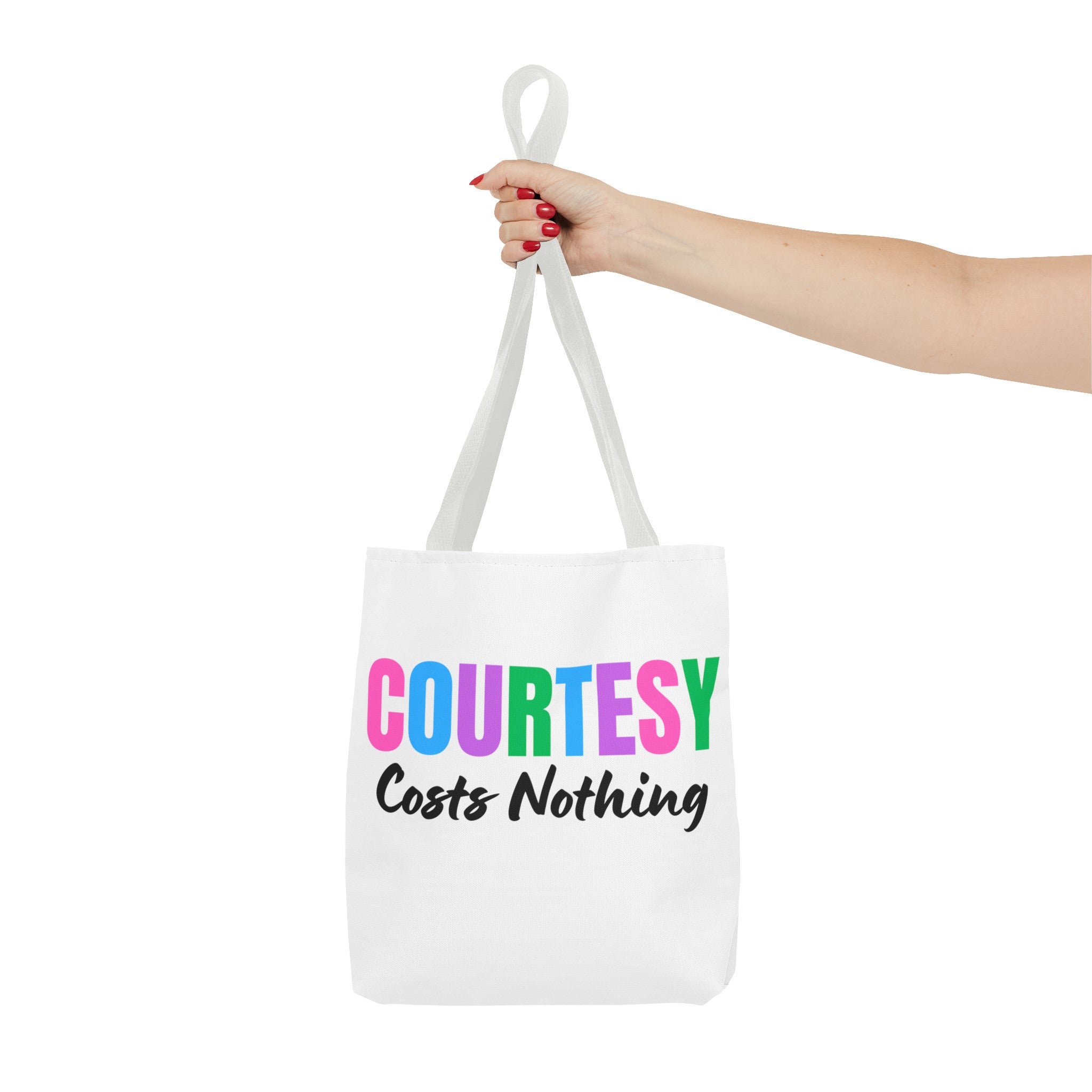 Courtesy Costs Nothing Tote Bag (AOP), Kindness Bag, Respect Bag, Show Compassion, Be Courteous, Stop Bullying