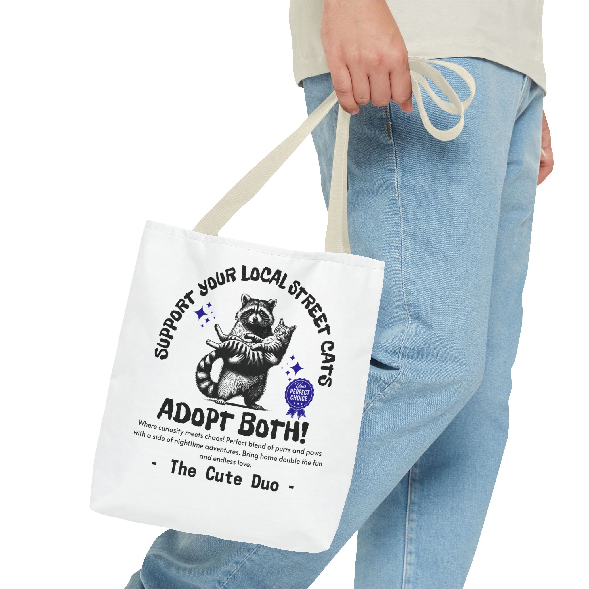 Funny Tote Bag (AOP), Funny Support Your Local Street Cats bag, Gift for Cat Lovers, Funny Raccoons Bag, Gift for Cat Mom