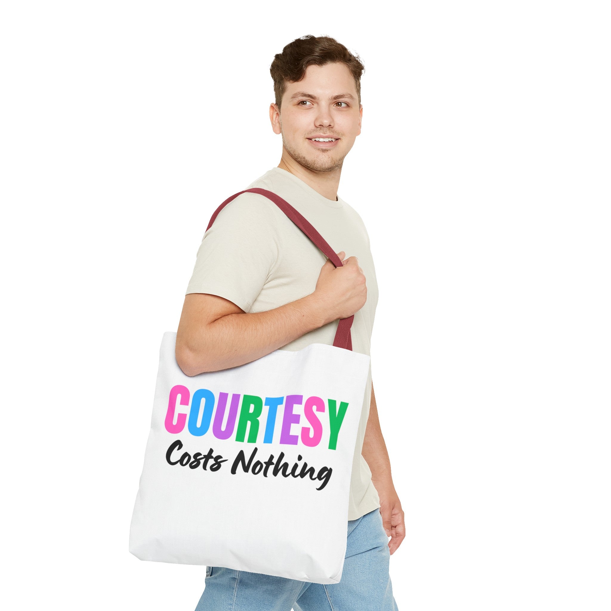 Courtesy Costs Nothing Tote Bag (AOP), Kindness Bag, Respect Bag, Show Compassion, Be Courteous, Stop Bullying