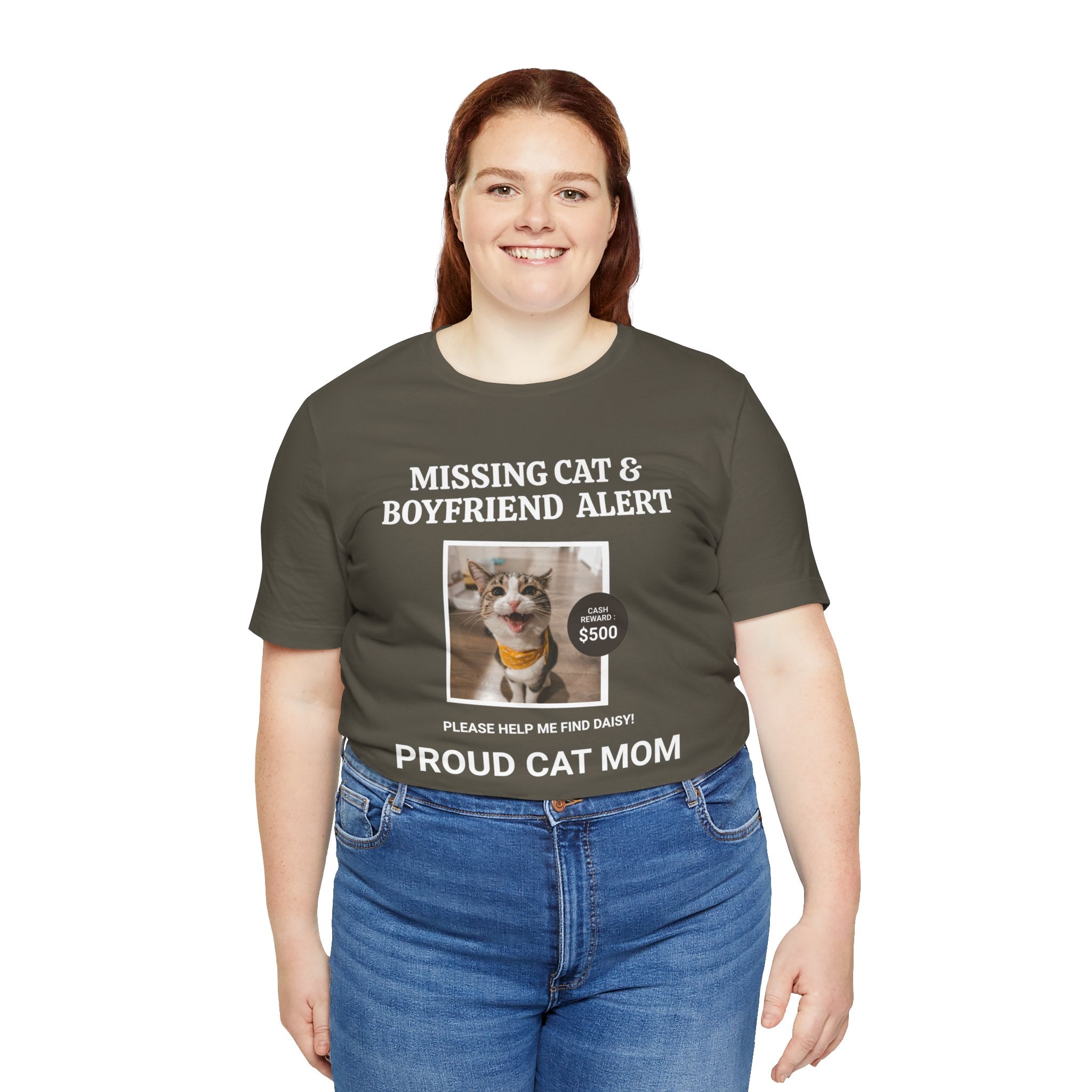 Funny Missing Cat & Boyfriend Alert Unisex Jersey Short Sleeve T-shirt, Cat Mom shirt, Funny Cat Shirt, Cat lover Shirt, Gift for Cat Mom, Cat T-shirt