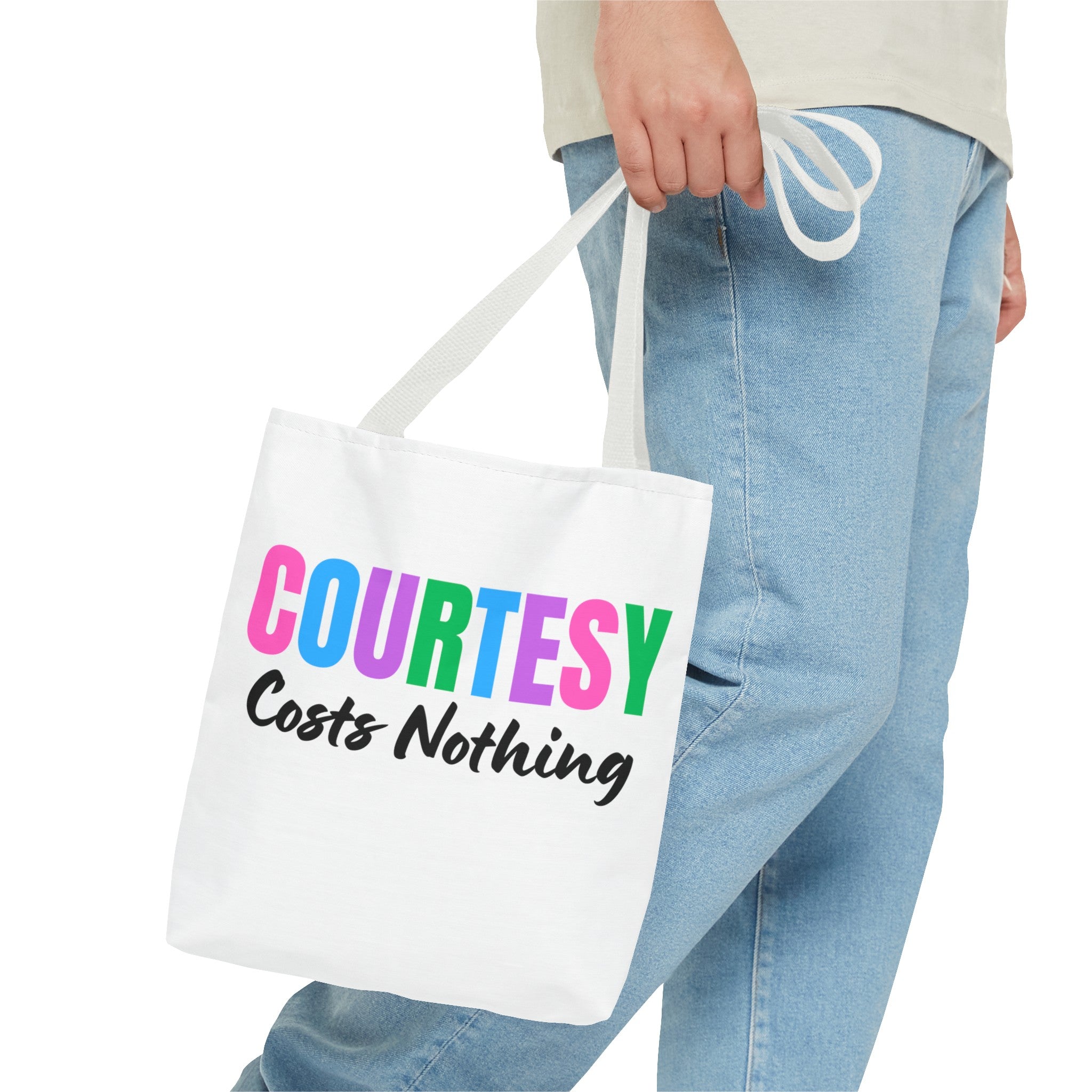 Courtesy Costs Nothing Tote Bag (AOP), Kindness Bag, Respect Bag, Show Compassion, Be Courteous, Stop Bullying