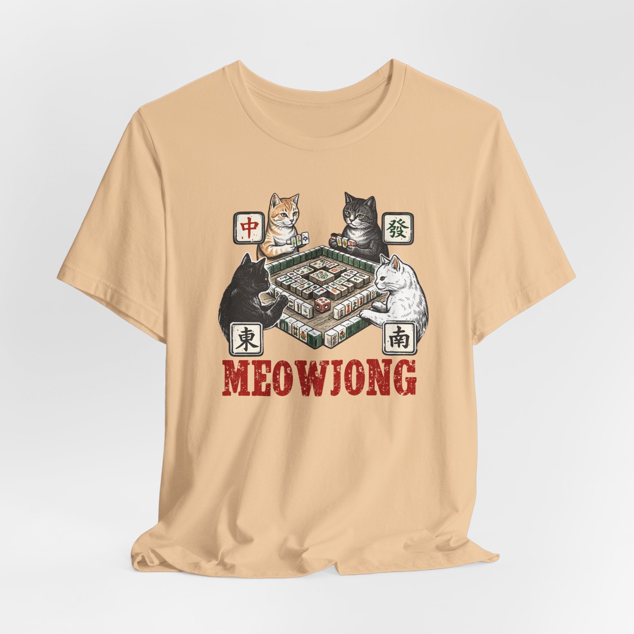 Meowjong Bella Canvas 3001 Shirt, Cats Playing Mahjong T-Shirt, Vintage Chinese Tile Game Gift, MahJong Player Present