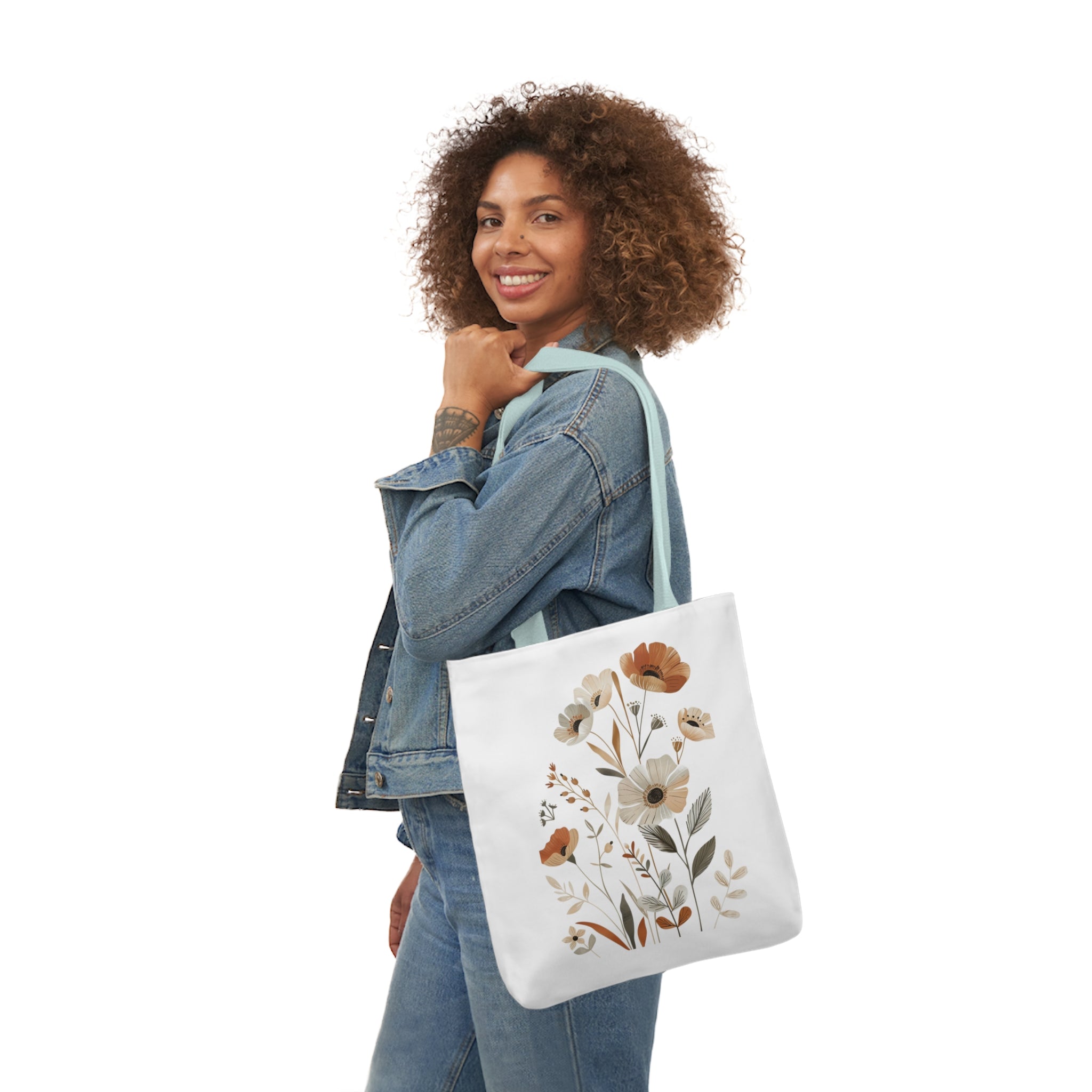 100% Polyester Canvas Tote Bag, 5-Color Straps, Lightweight Wildflower Tote Bag, Shopping Bag, Gift for Mom, Gift for Friend, Reusable Shopping Bag