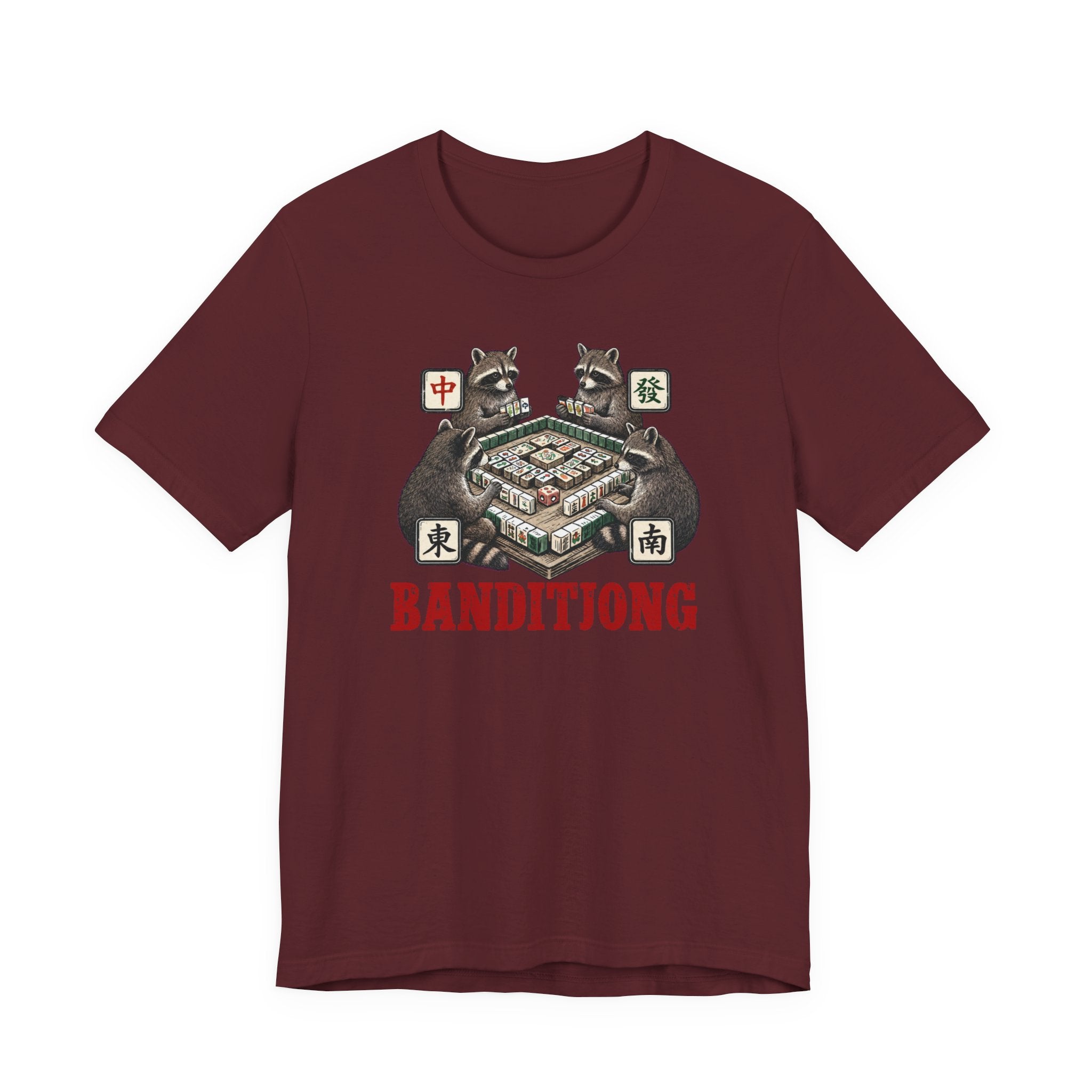 Mahjong Bella Canvas 3001 shirt, Raccoons playing Banditjong outfit, vintage Chinese tile game gift