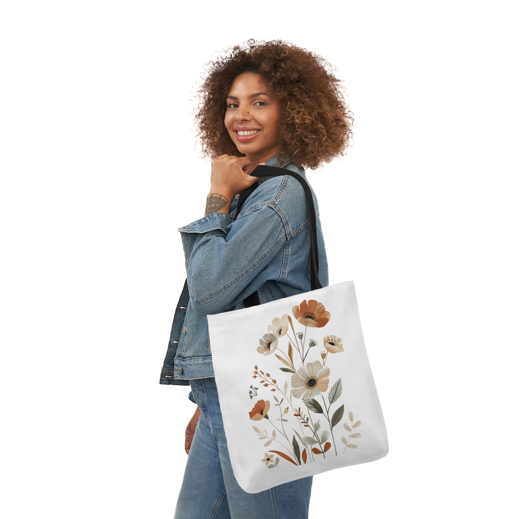 100% Polyester Canvas Tote Bag, 5-Color Straps, Lightweight Wildflower Tote Bag, Shopping Bag, Gift for Mom, Gift for Friend, Reusable Shopping Bag