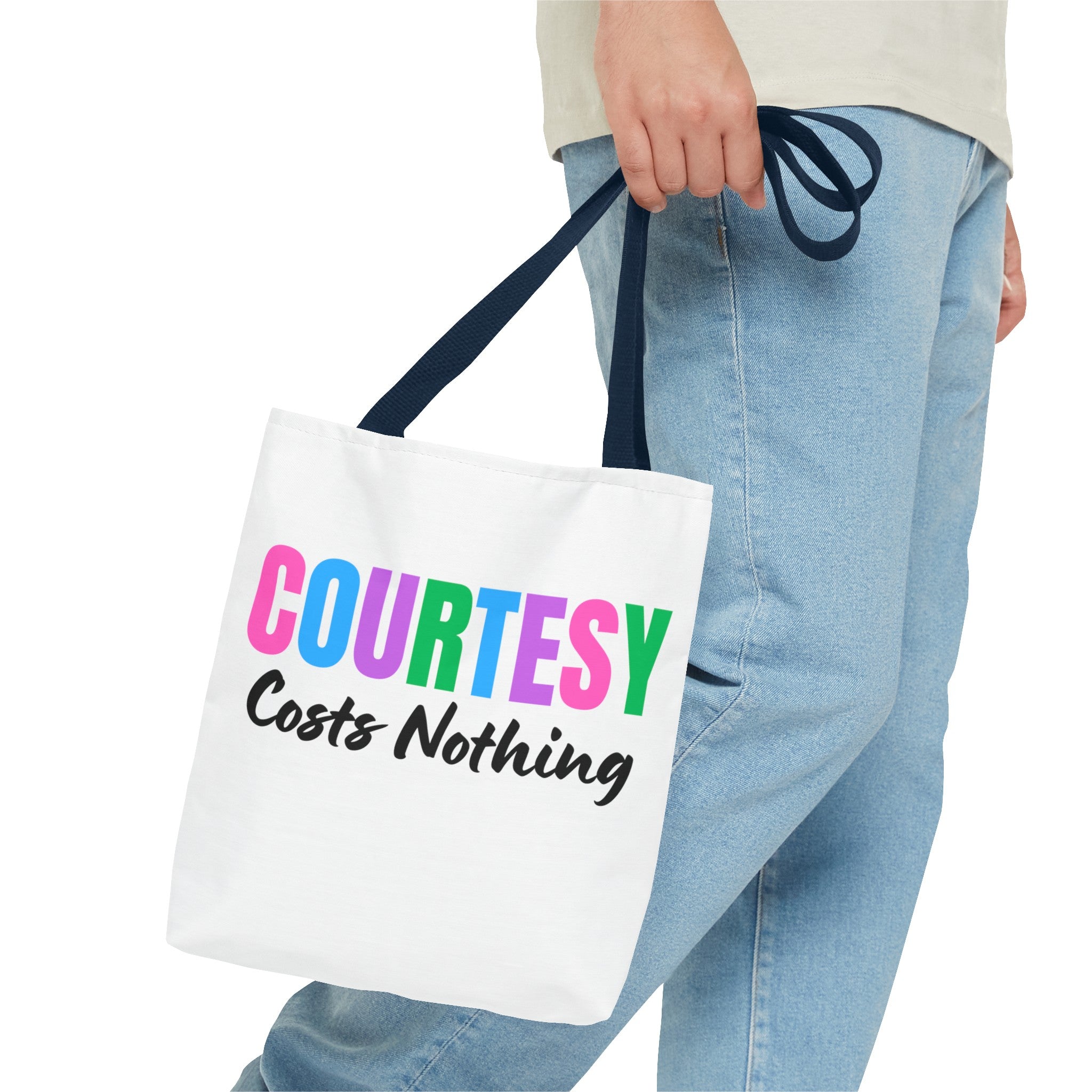 Courtesy Costs Nothing Tote Bag (AOP), Kindness Bag, Respect Bag, Show Compassion, Be Courteous, Stop Bullying