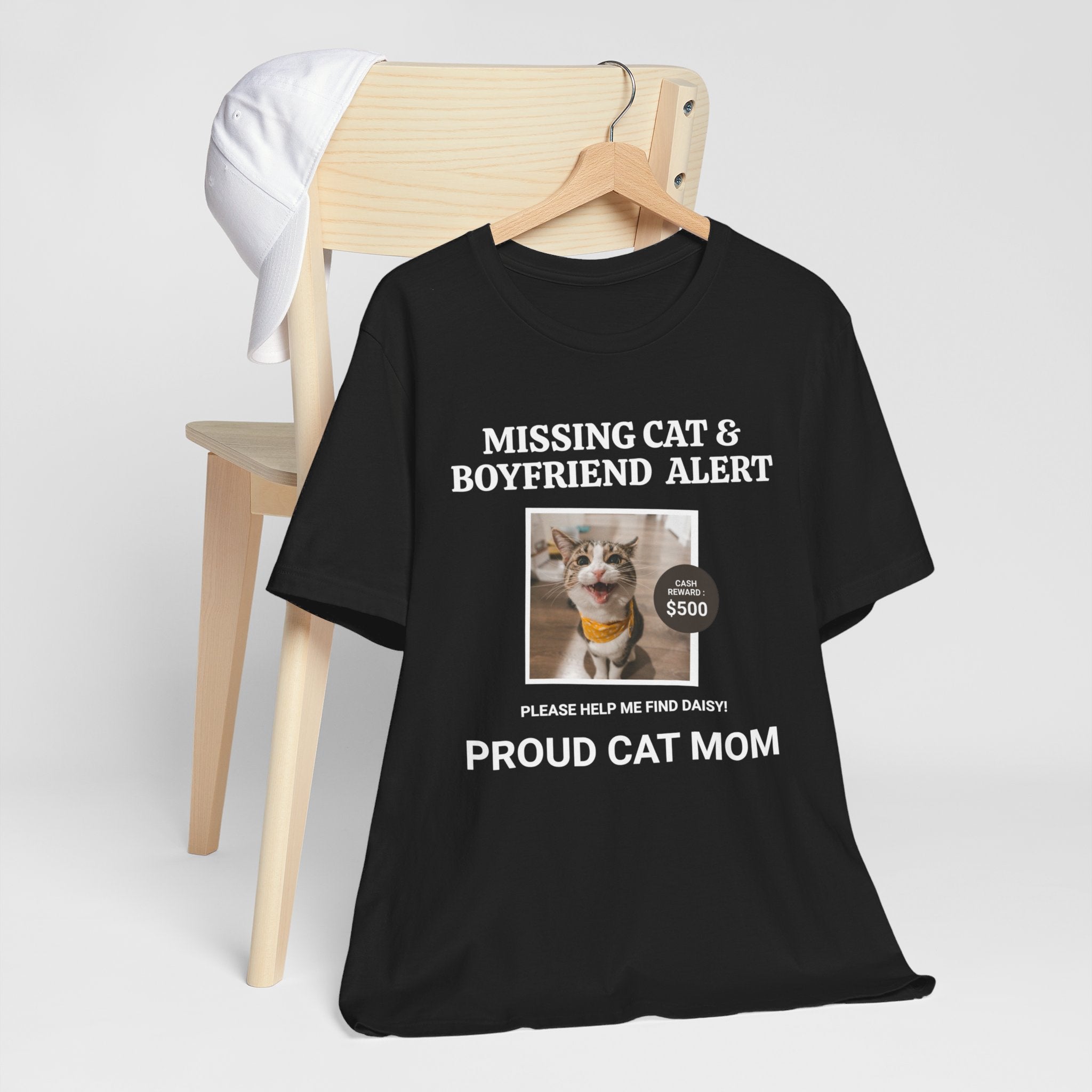 Funny Missing Cat & Boyfriend Alert Unisex Jersey Short Sleeve T-shirt, Cat Mom shirt, Funny Cat Shirt, Cat lover Shirt, Gift for Cat Mom, Cat T-shirt