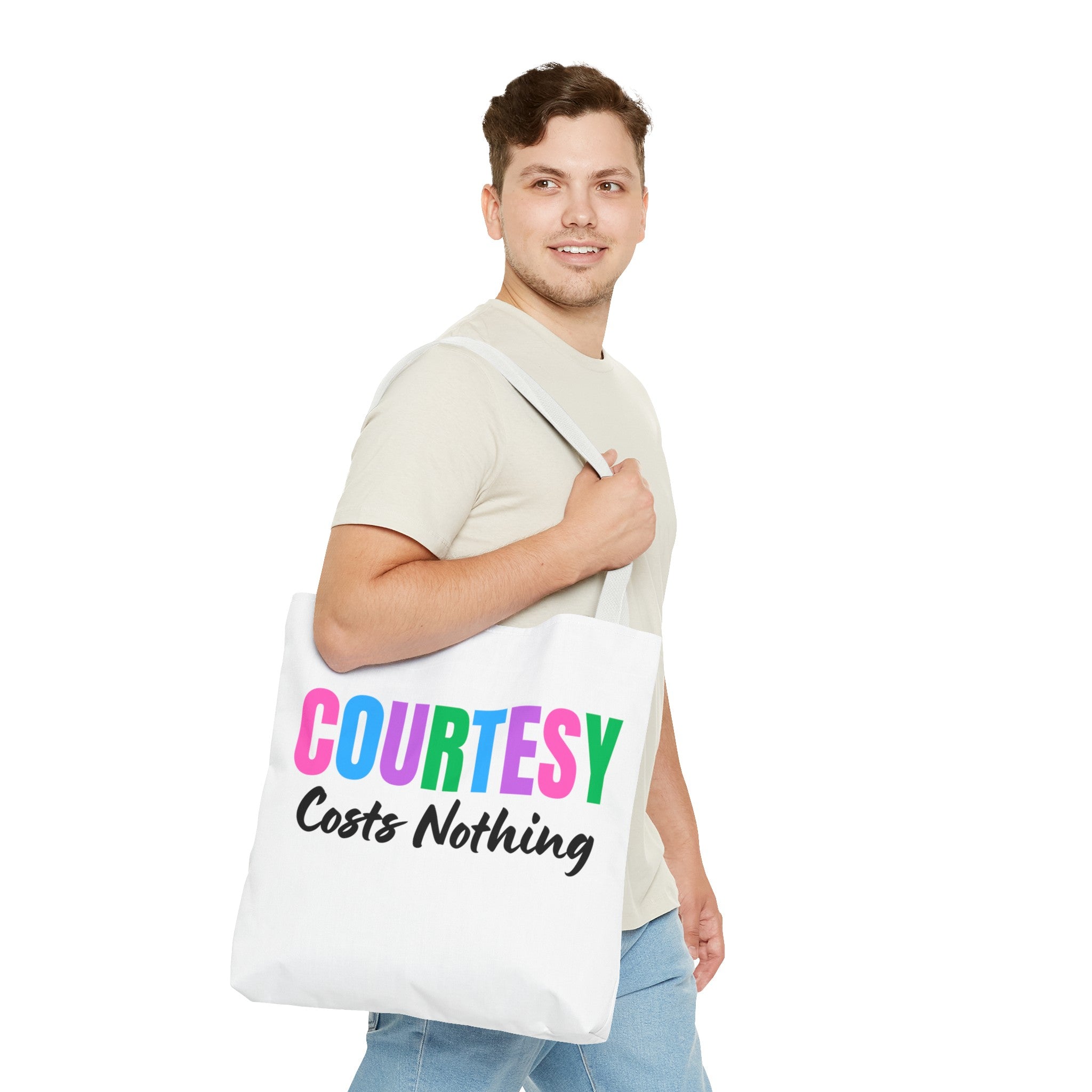 Courtesy Costs Nothing Tote Bag (AOP), Kindness Bag, Respect Bag, Show Compassion, Be Courteous, Stop Bullying