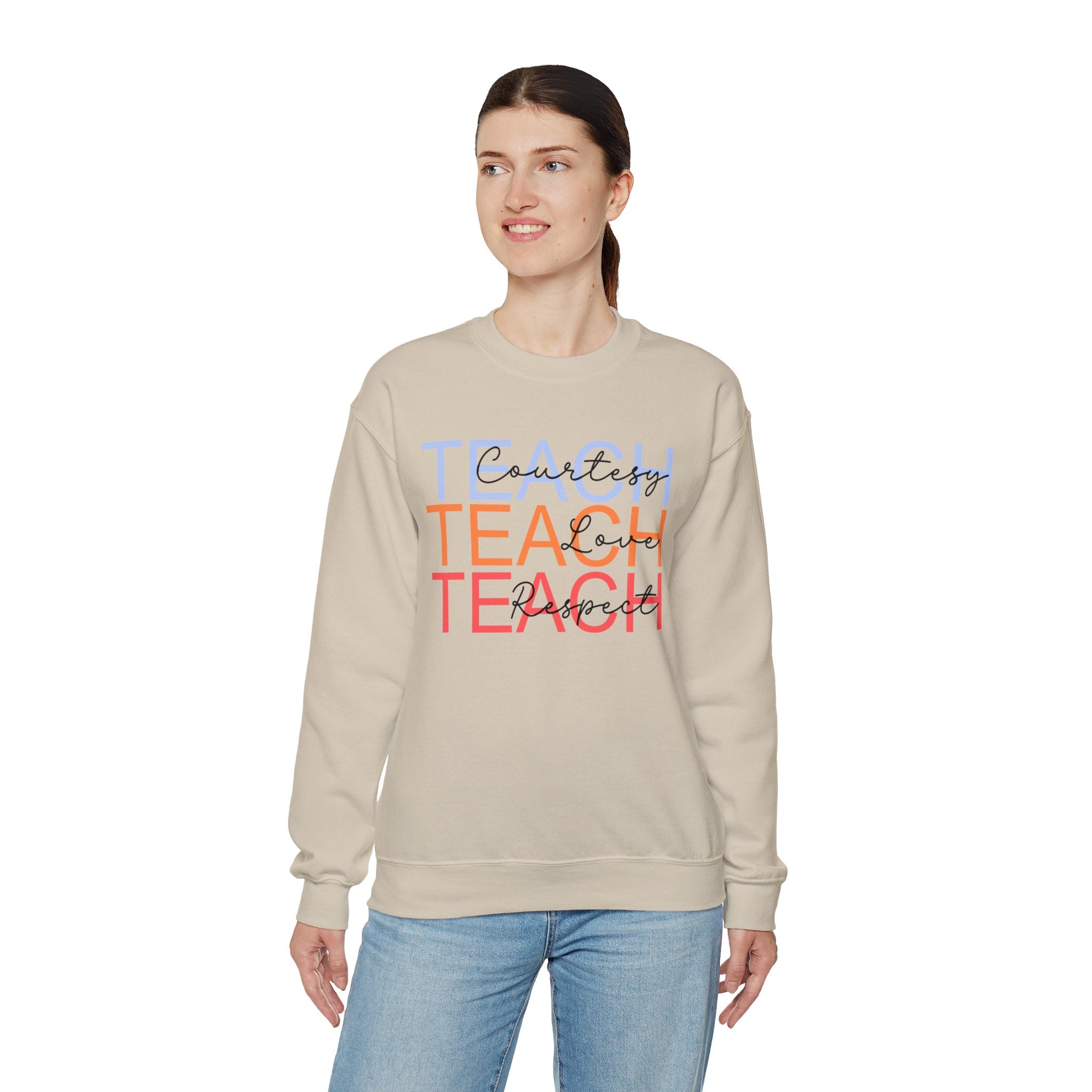 Teach Courtesy, Love, Respect Unisex Heavy Blend™ Crewneck Sweatshirt, Teacher Shirt, Gift for Teacher, Teacher Appreciation, Teacher Gift