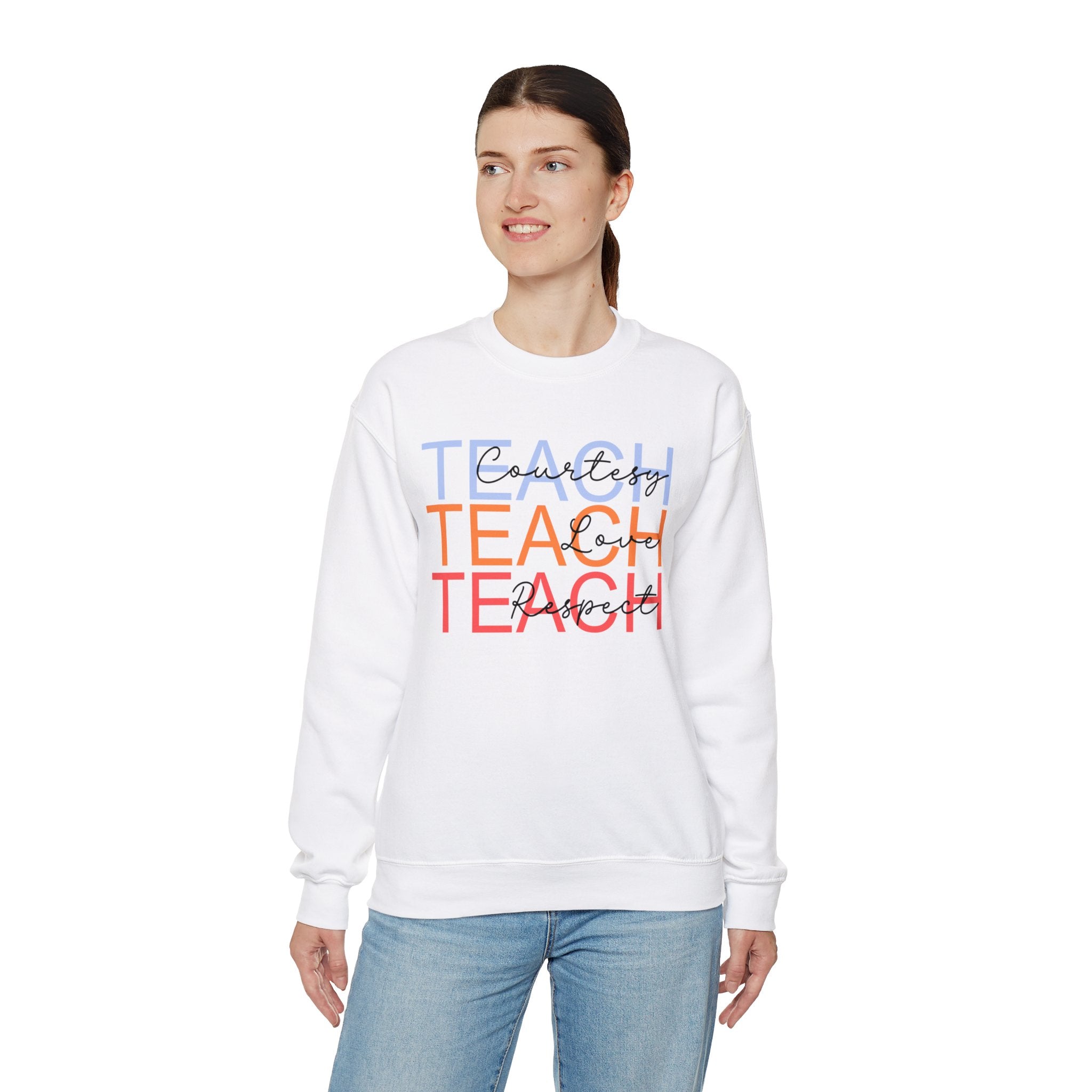 Teach Courtesy, Love, Respect Unisex Heavy Blend™ Crewneck Sweatshirt, Teacher Shirt, Gift for Teacher, Teacher Appreciation, Teacher Gift