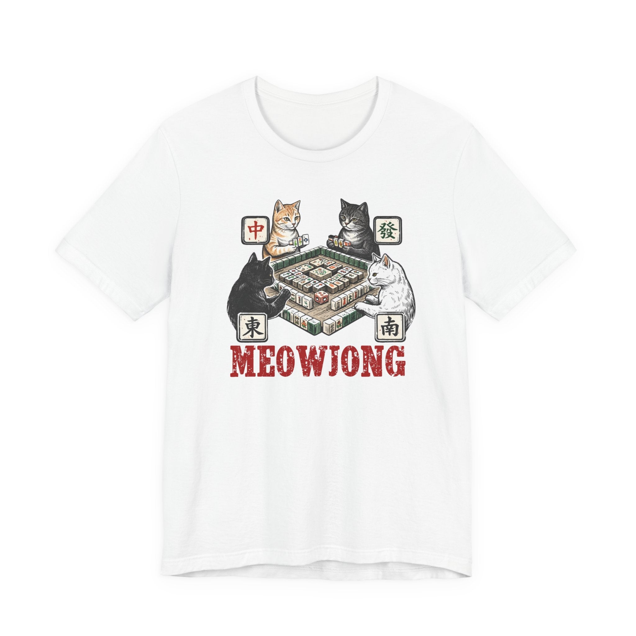 Meowjong Bella Canvas 3001 Shirt, Cats Playing Mahjong T-Shirt, Vintage Chinese Tile Game Gift, MahJong Player Present