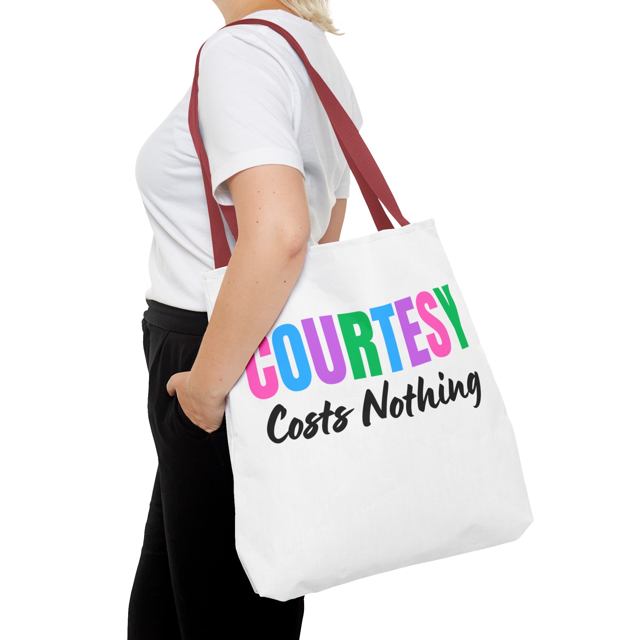 Courtesy Costs Nothing Tote Bag (AOP), Kindness Bag, Respect Bag, Show Compassion, Be Courteous, Stop Bullying