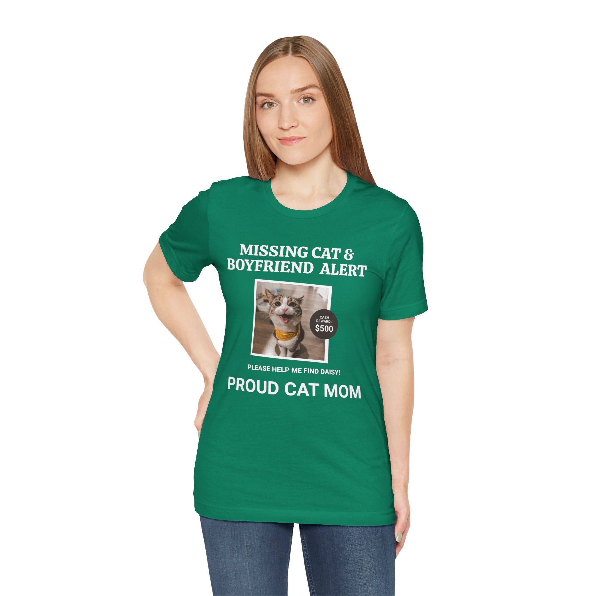 Funny Missing Cat & Boyfriend Alert Unisex Jersey Short Sleeve T-shirt, Cat Mom shirt, Funny Cat Shirt, Cat lover Shirt, Gift for Cat Mom, Cat T-shirt