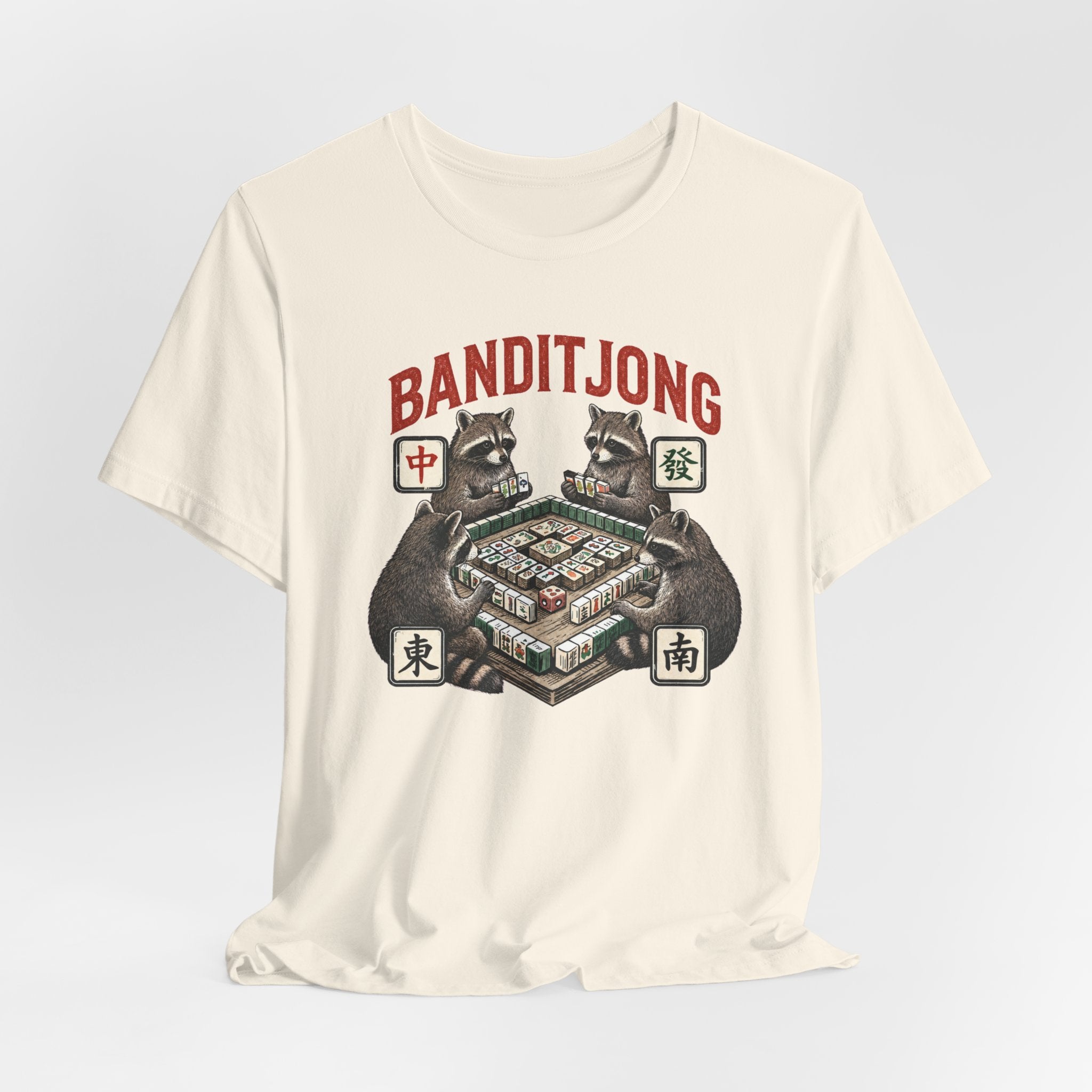 Mahjong Bella Canvas 3001 shirt, Raccoons playing Banditjong outfit, vintage Chinese tile game gift