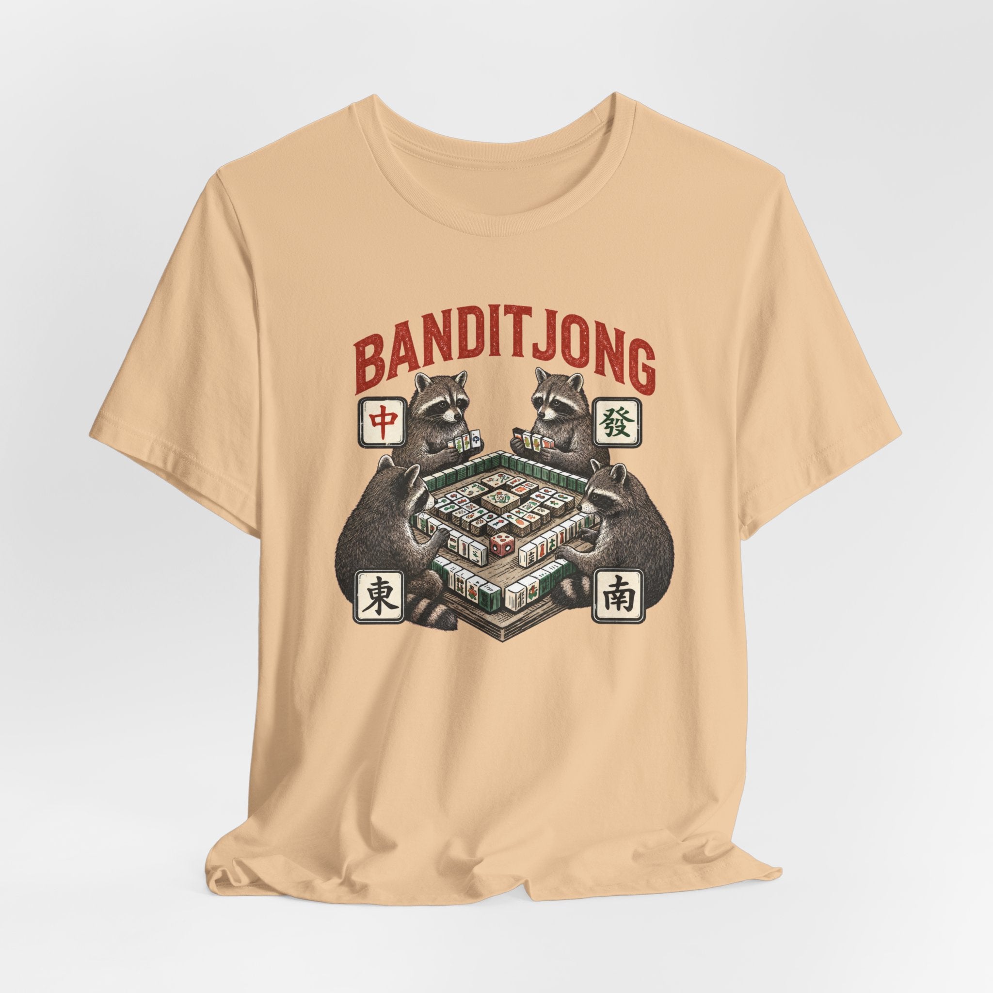 Mahjong Bella Canvas 3001 shirt, Raccoons playing Banditjong outfit, vintage Chinese tile game gift