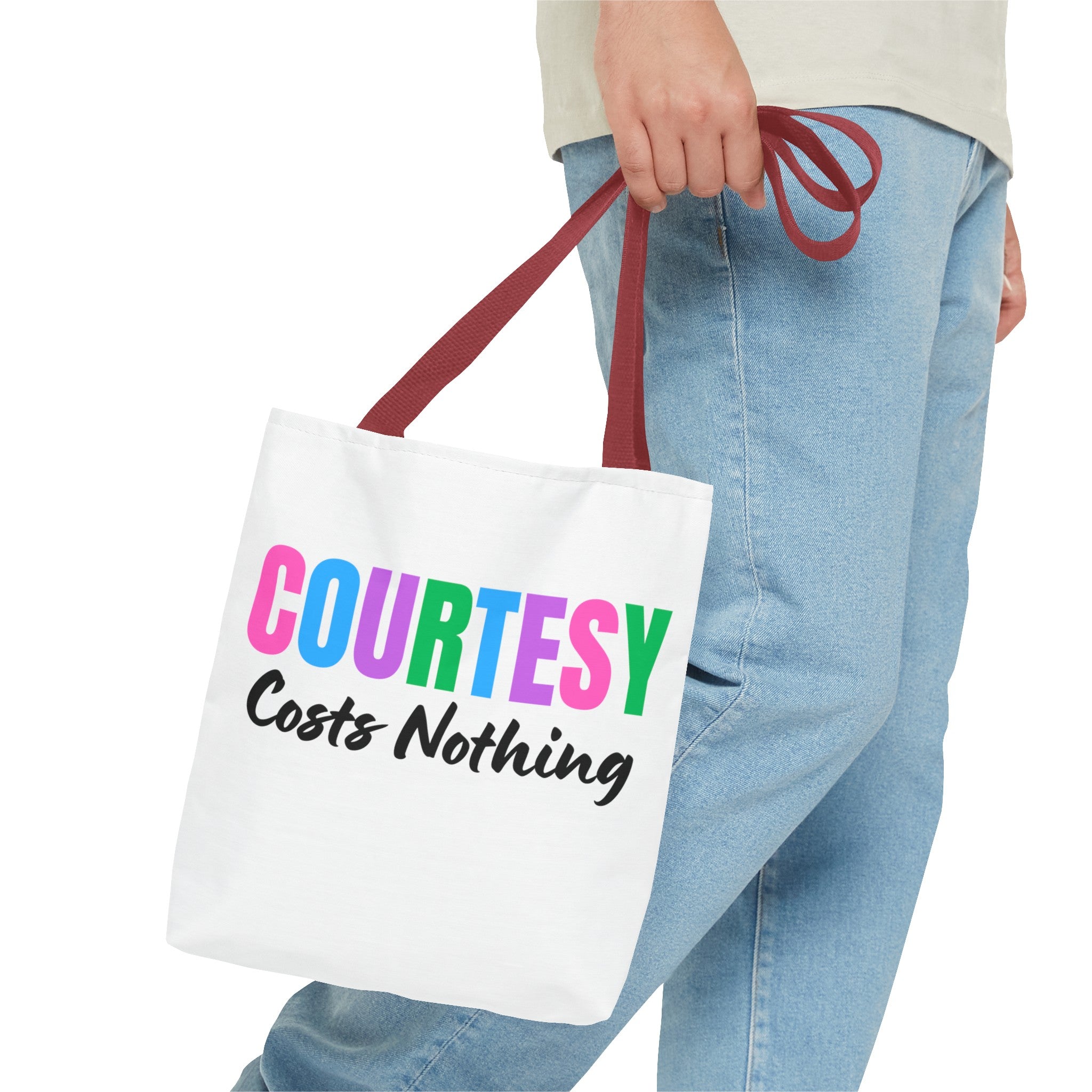 Courtesy Costs Nothing Tote Bag (AOP), Kindness Bag, Respect Bag, Show Compassion, Be Courteous, Stop Bullying