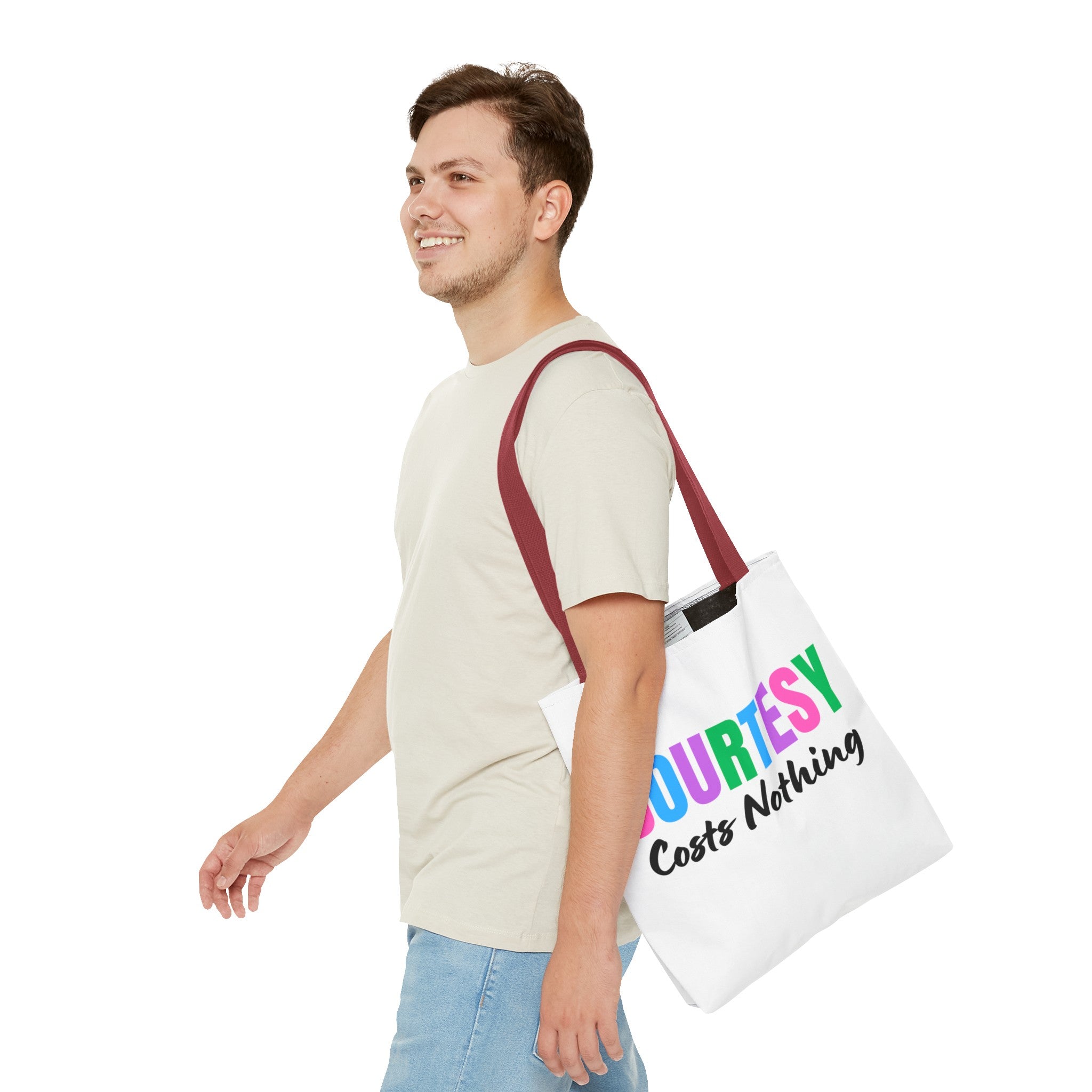 Courtesy Costs Nothing Tote Bag (AOP), Kindness Bag, Respect Bag, Show Compassion, Be Courteous, Stop Bullying