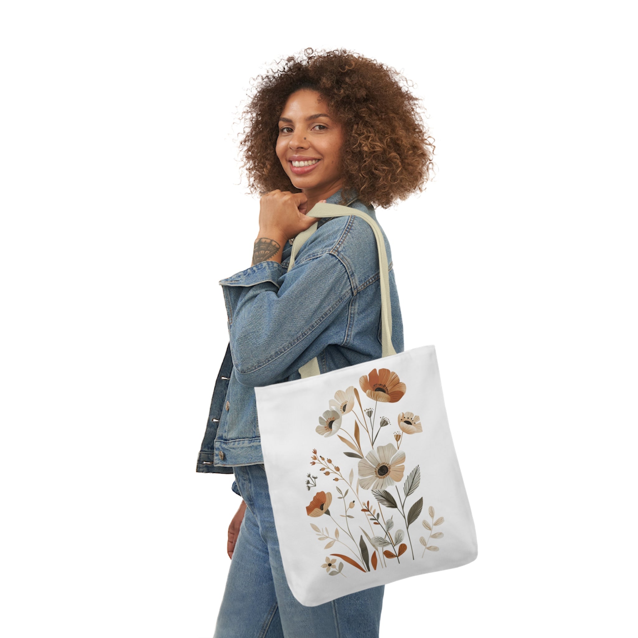 100% Polyester Canvas Tote Bag, 5-Color Straps, Lightweight Wildflower Tote Bag, Shopping Bag, Gift for Mom, Gift for Friend, Reusable Shopping Bag