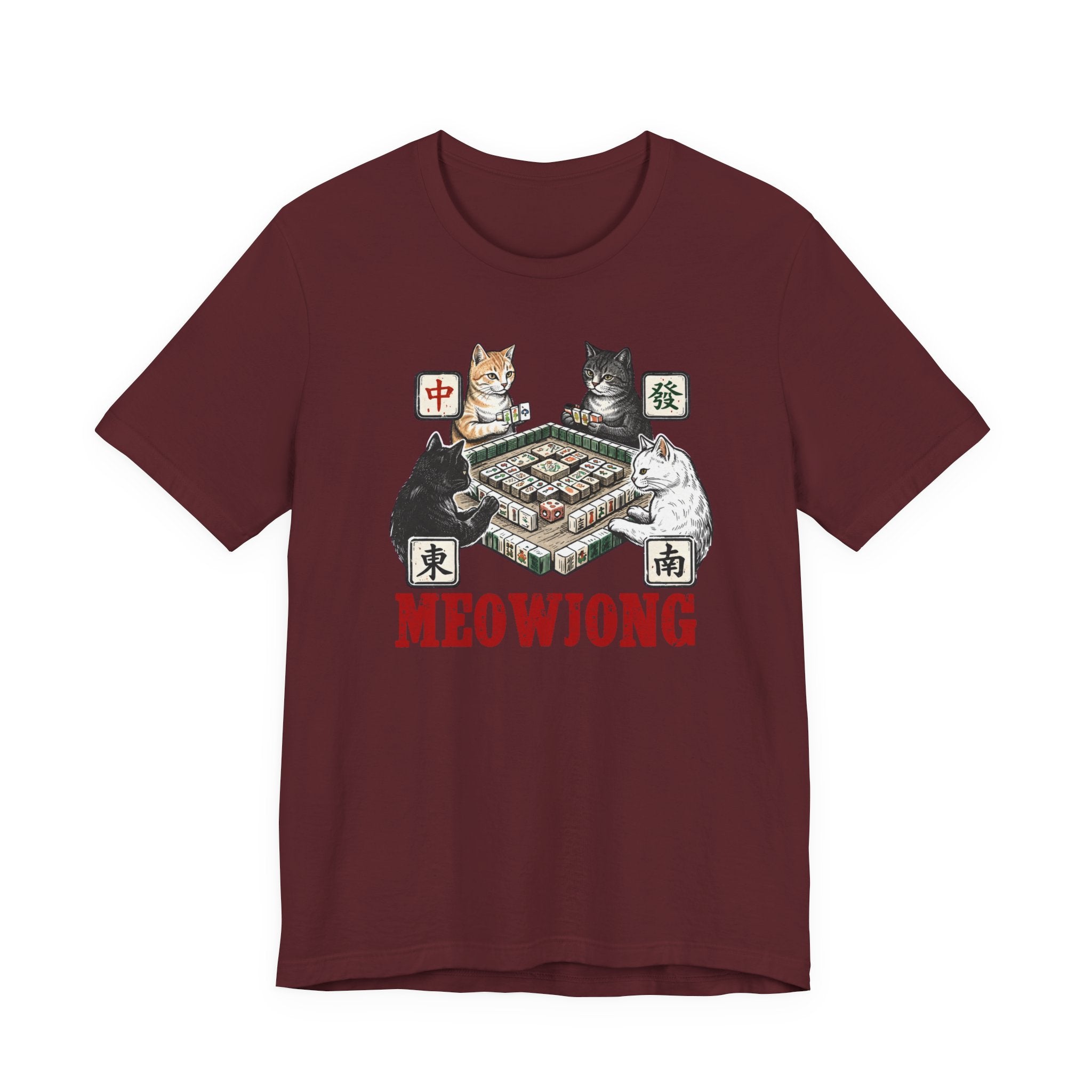 Meowjong Bella Canvas 3001 Shirt, Cats Playing Mahjong T-Shirt, Vintage Chinese Tile Game Gift, MahJong Player Present
