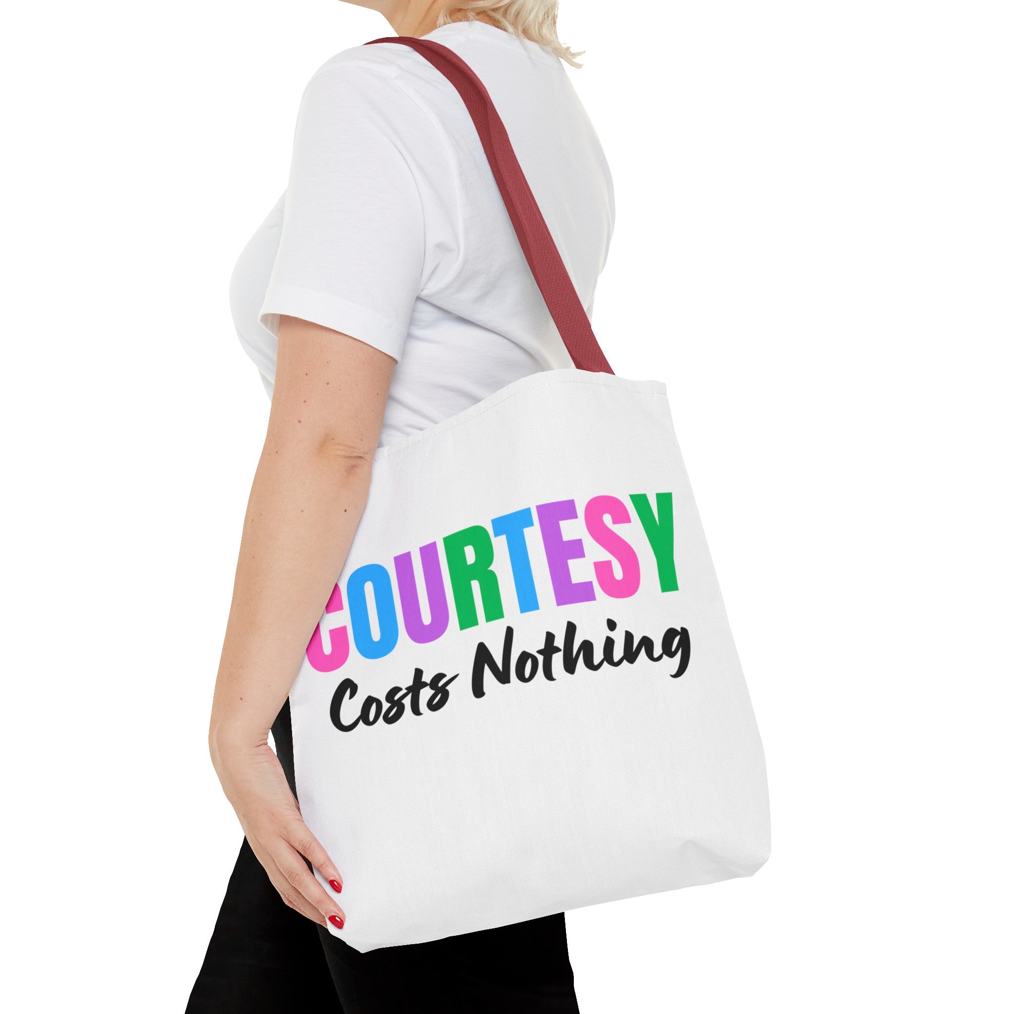 Courtesy Costs Nothing Tote Bag (AOP), Kindness Bag, Respect Bag, Show Compassion, Be Courteous, Stop Bullying