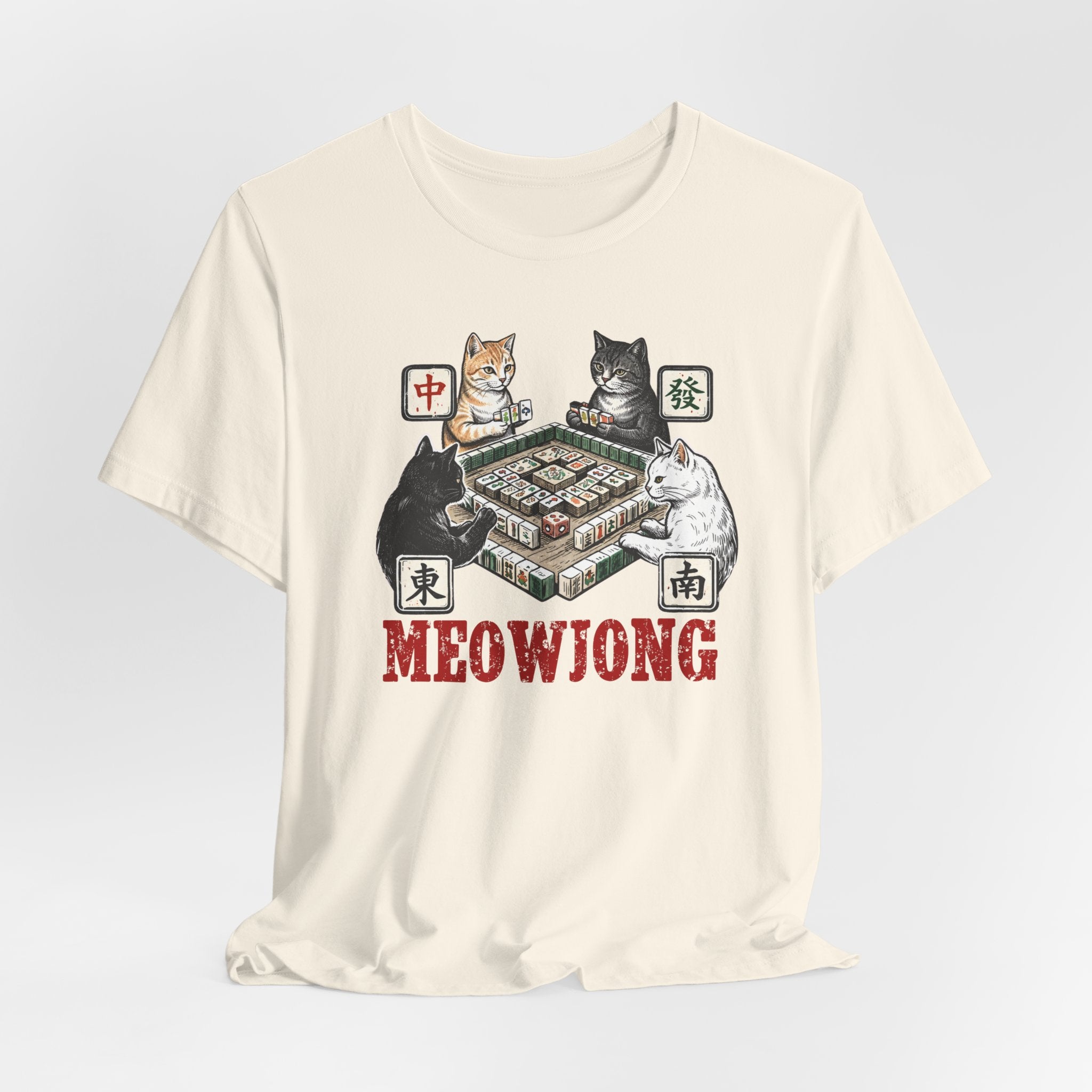 Meowjong Bella Canvas 3001 Shirt, Cats Playing Mahjong T-Shirt, Vintage Chinese Tile Game Gift, MahJong Player Present