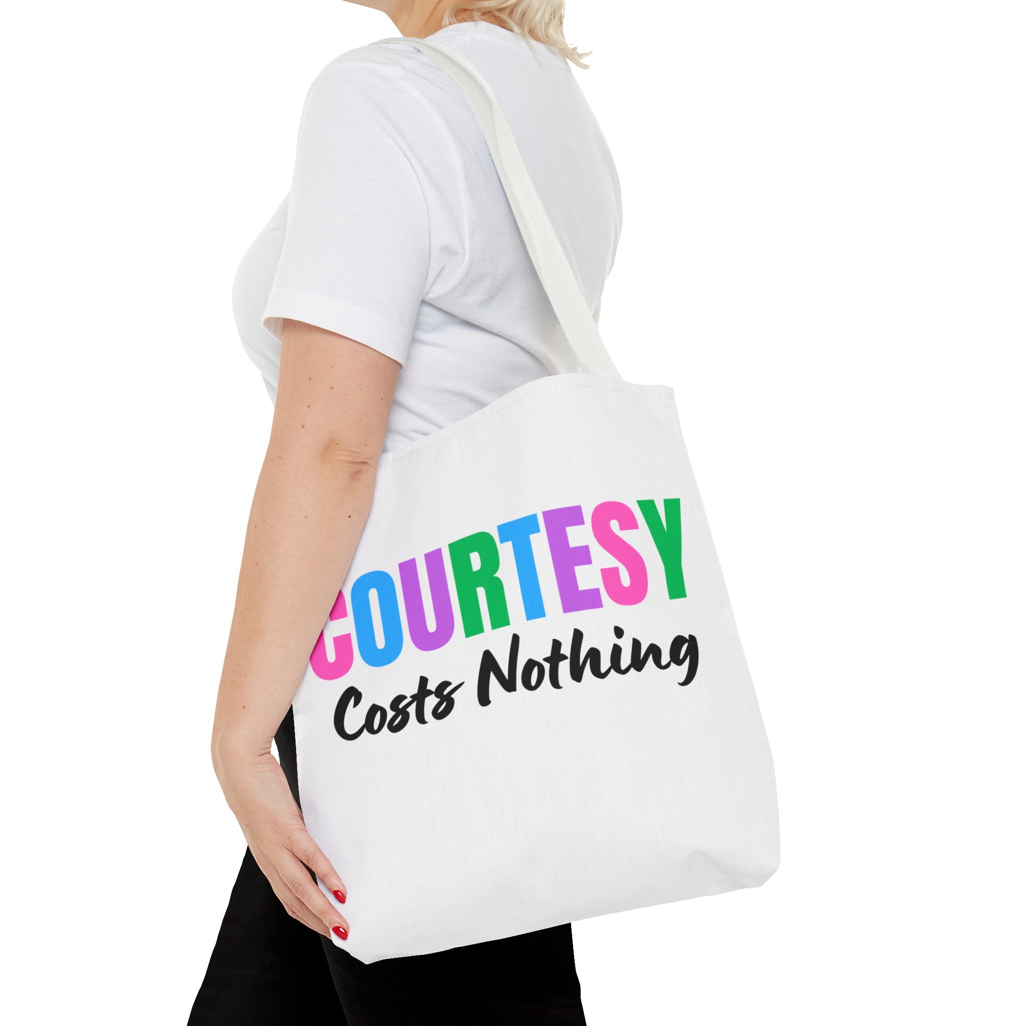 Courtesy Costs Nothing Tote Bag (AOP), Kindness Bag, Respect Bag, Show Compassion, Be Courteous, Stop Bullying