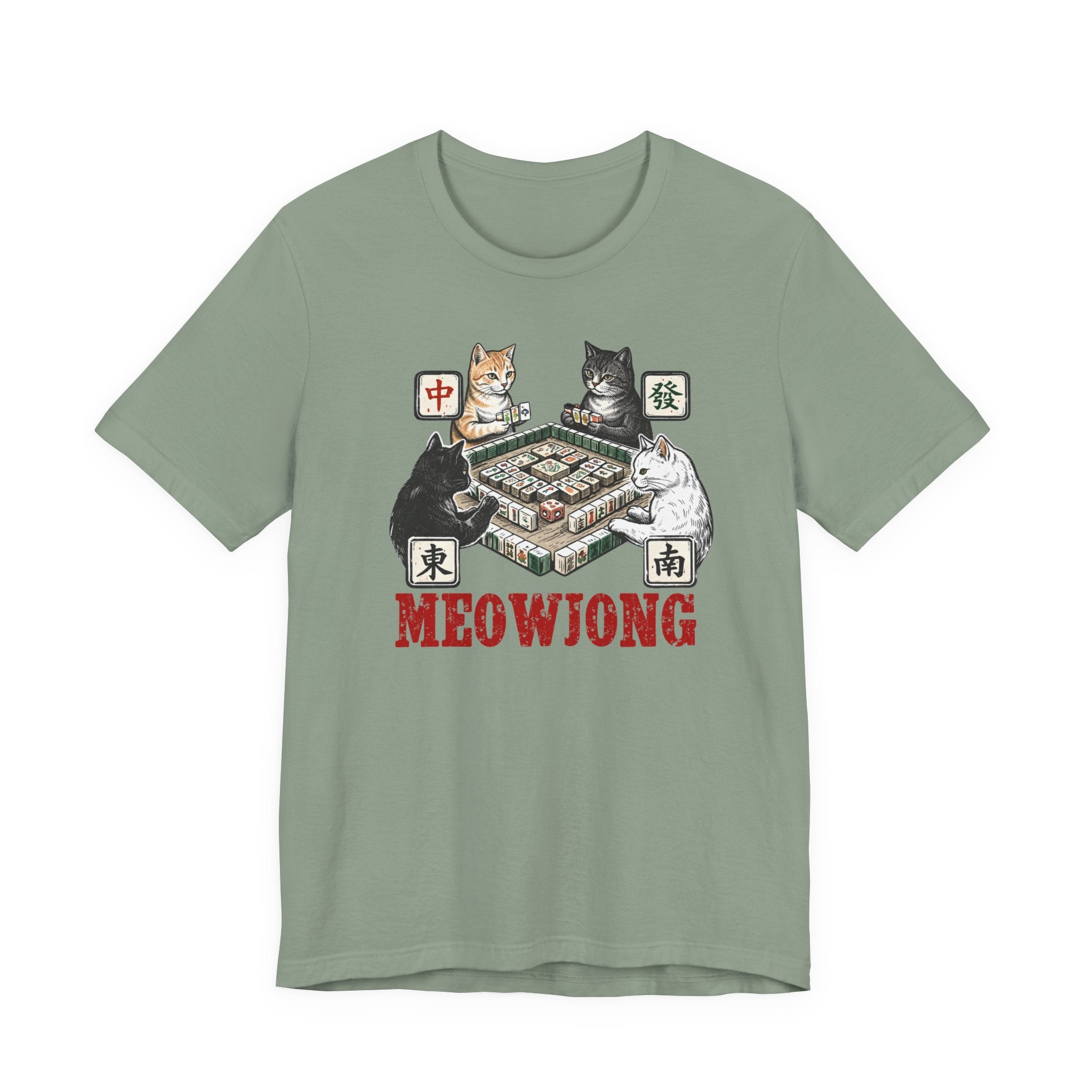 Meowjong Bella Canvas 3001 Shirt, Cats Playing Mahjong T-Shirt, Vintage Chinese Tile Game Gift, MahJong Player Present