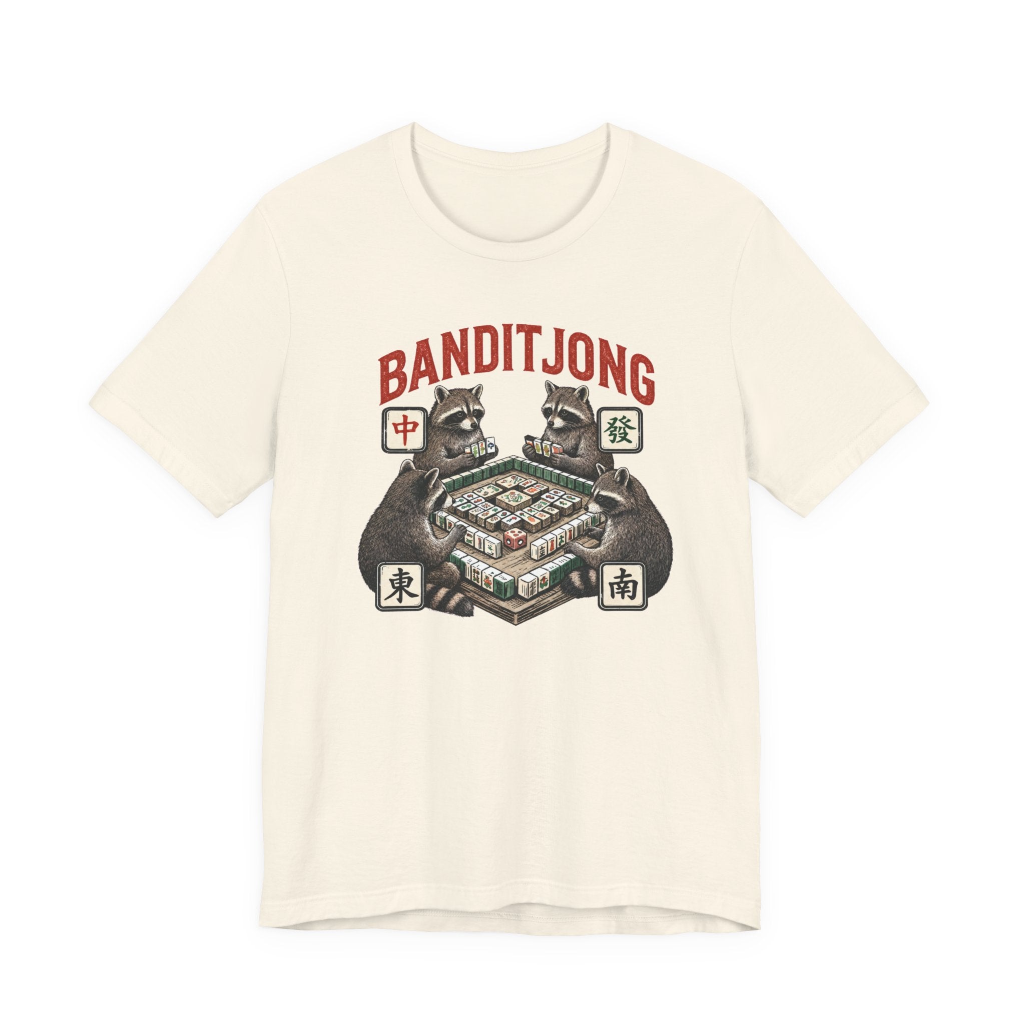 Mahjong Bella Canvas 3001 shirt, Raccoons playing Banditjong outfit, vintage Chinese tile game gift