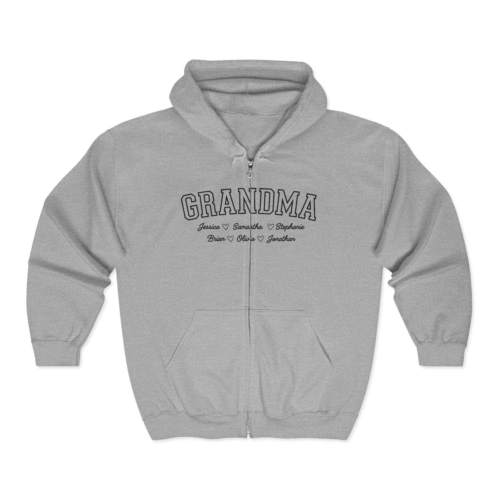 Personalized Grandma Hoodie with Grandkids Names: Full Zip Sweatshirt