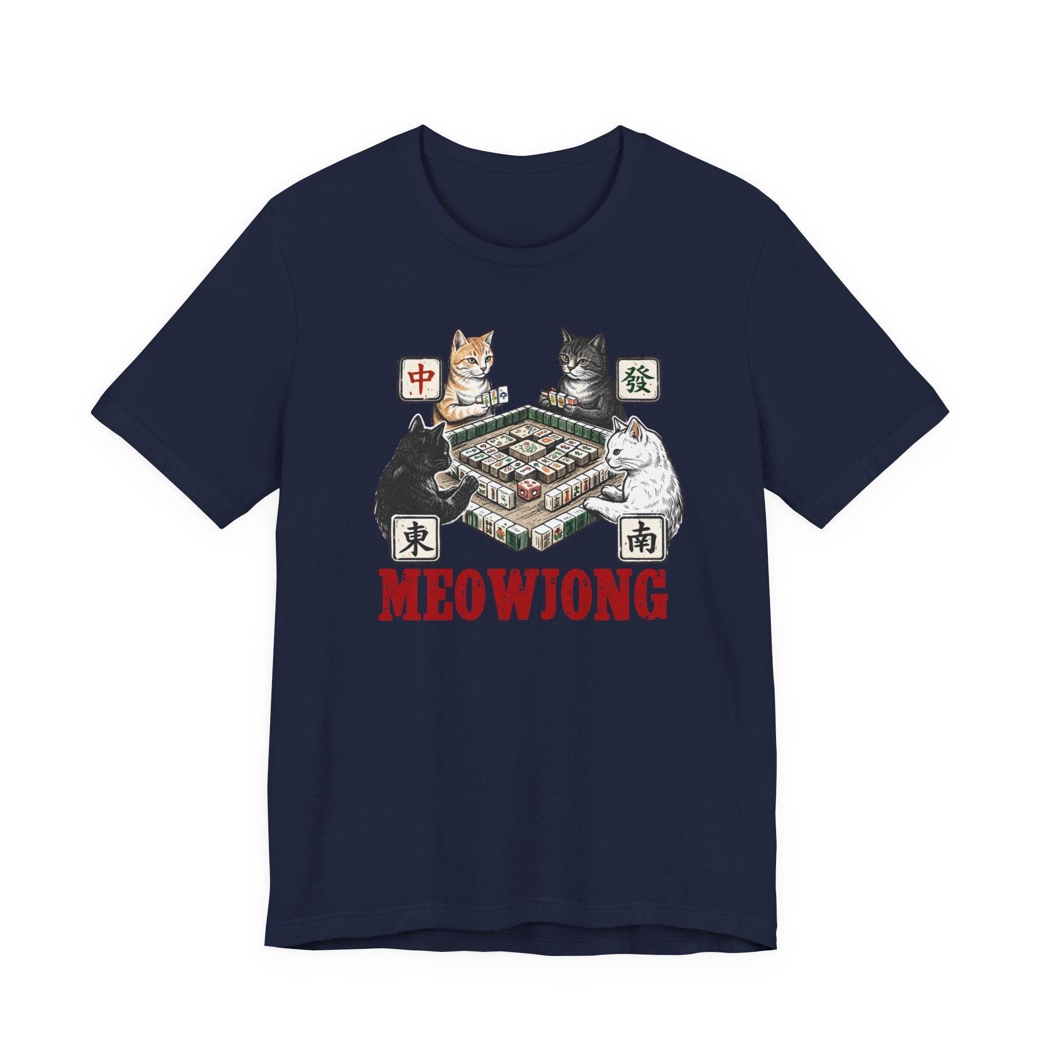 Meowjong Bella Canvas 3001 Shirt, Cats Playing Mahjong T-Shirt, Vintage Chinese Tile Game Gift, MahJong Player Present