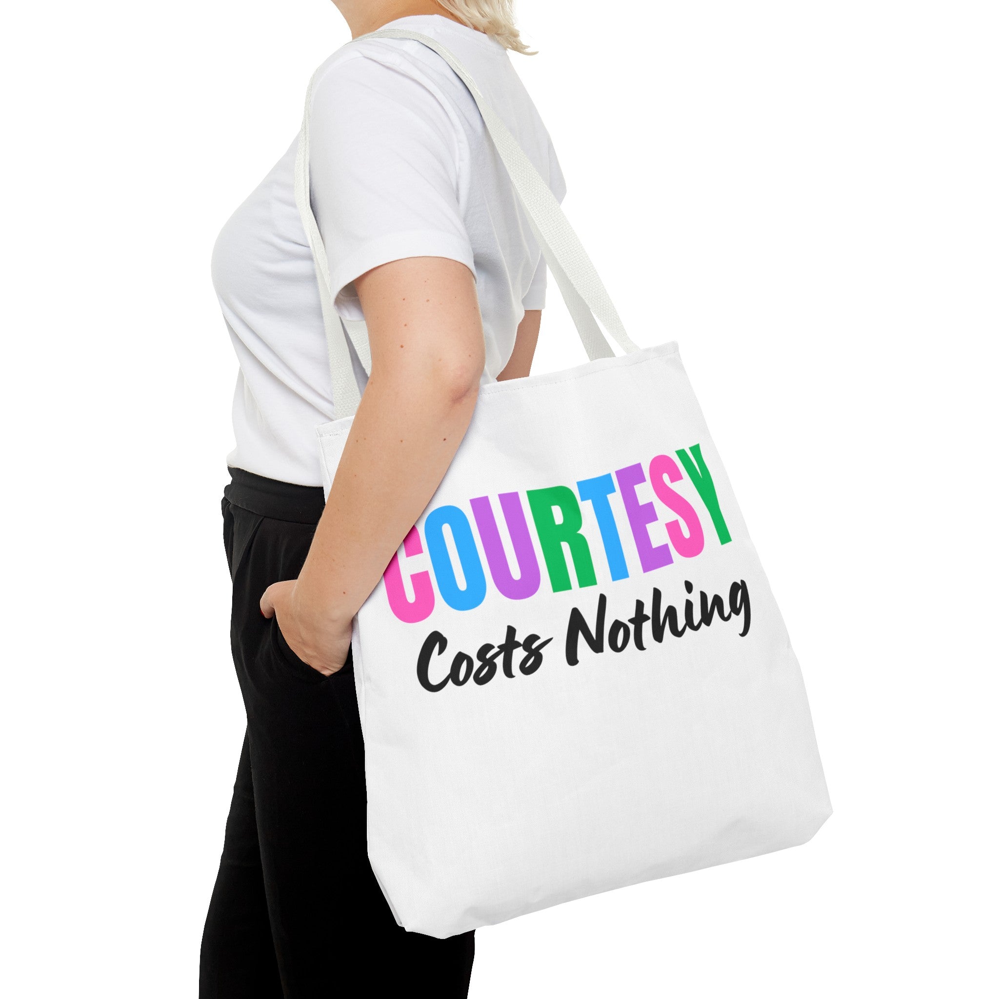 Courtesy Costs Nothing Tote Bag (AOP), Kindness Bag, Respect Bag, Show Compassion, Be Courteous, Stop Bullying