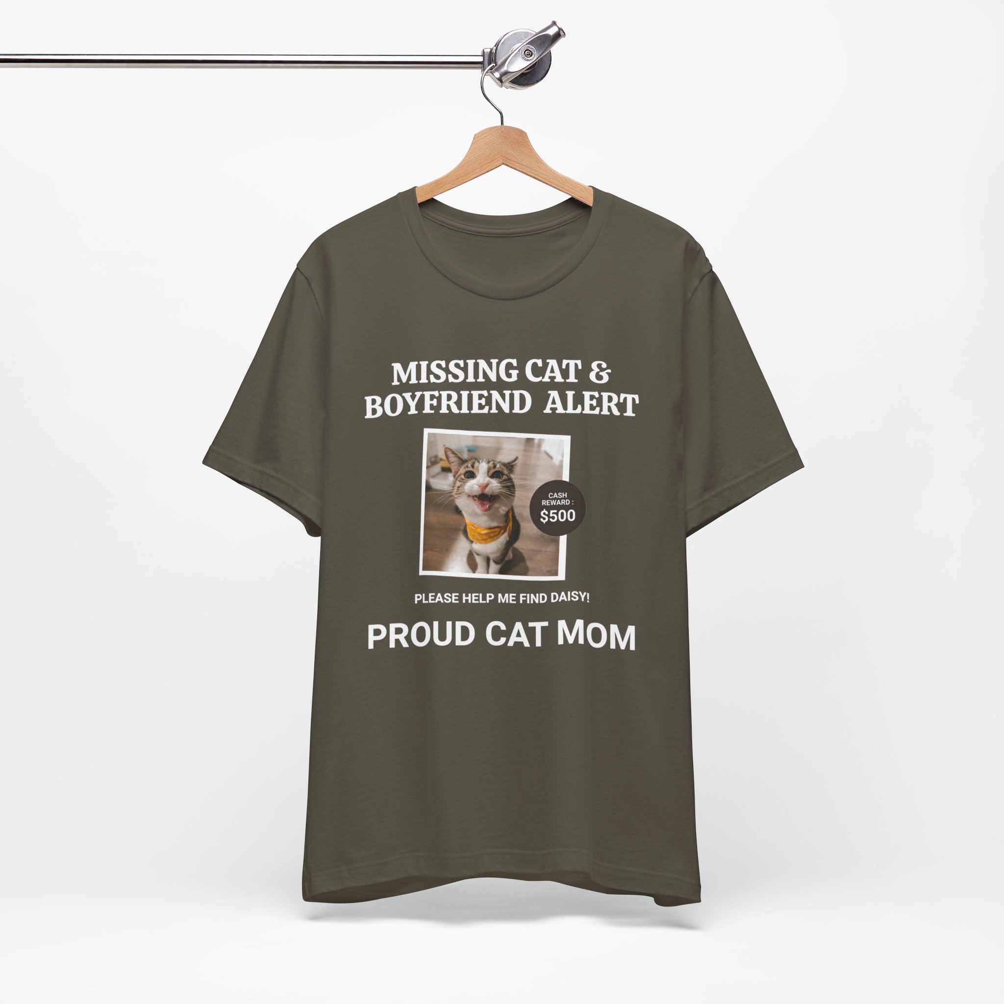 Funny Missing Cat & Boyfriend Alert Unisex Jersey Short Sleeve T-shirt, Cat Mom shirt, Funny Cat Shirt, Cat lover Shirt, Gift for Cat Mom, Cat T-shirt