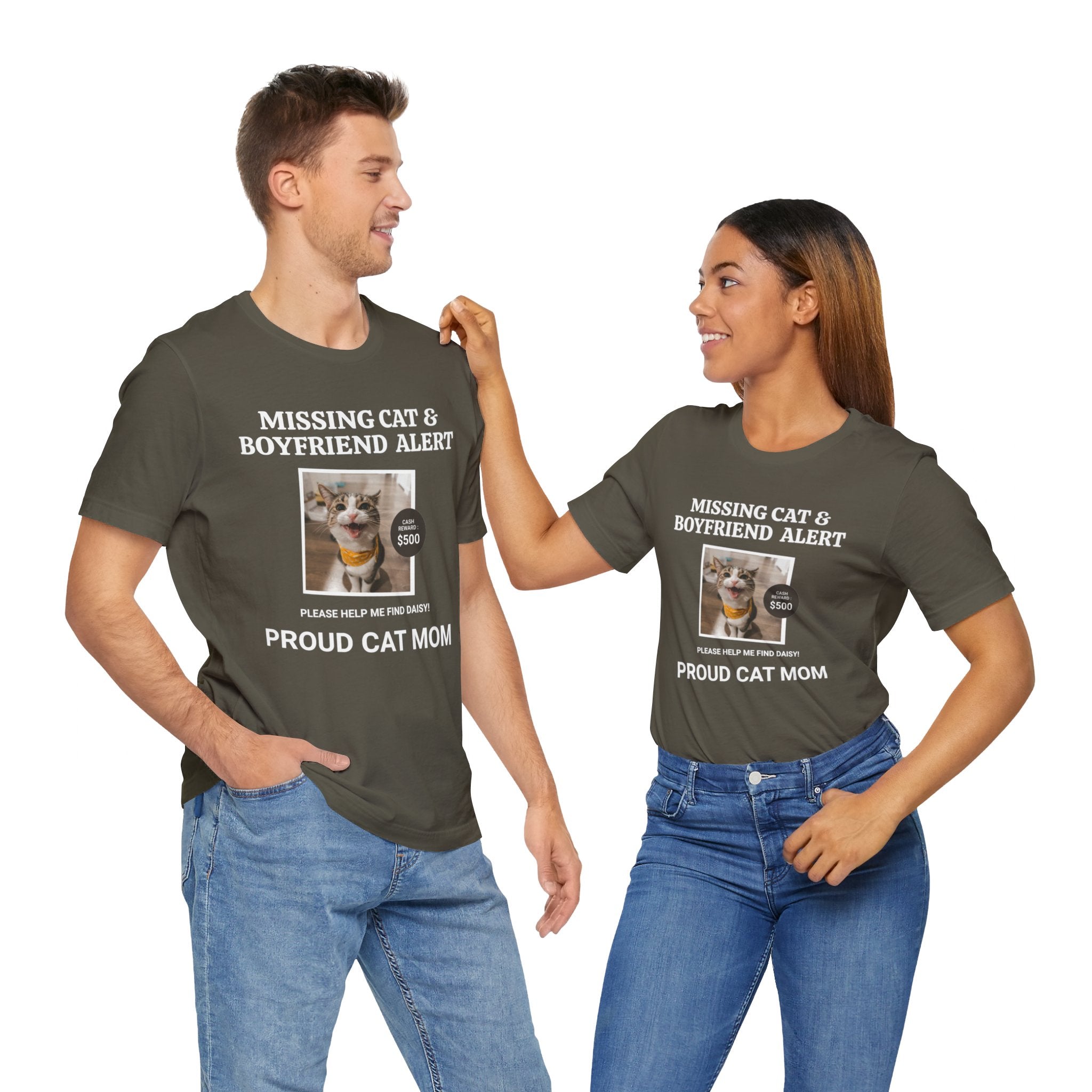 Funny Missing Cat & Boyfriend Alert Unisex Jersey Short Sleeve T-shirt, Cat Mom shirt, Funny Cat Shirt, Cat lover Shirt, Gift for Cat Mom, Cat T-shirt