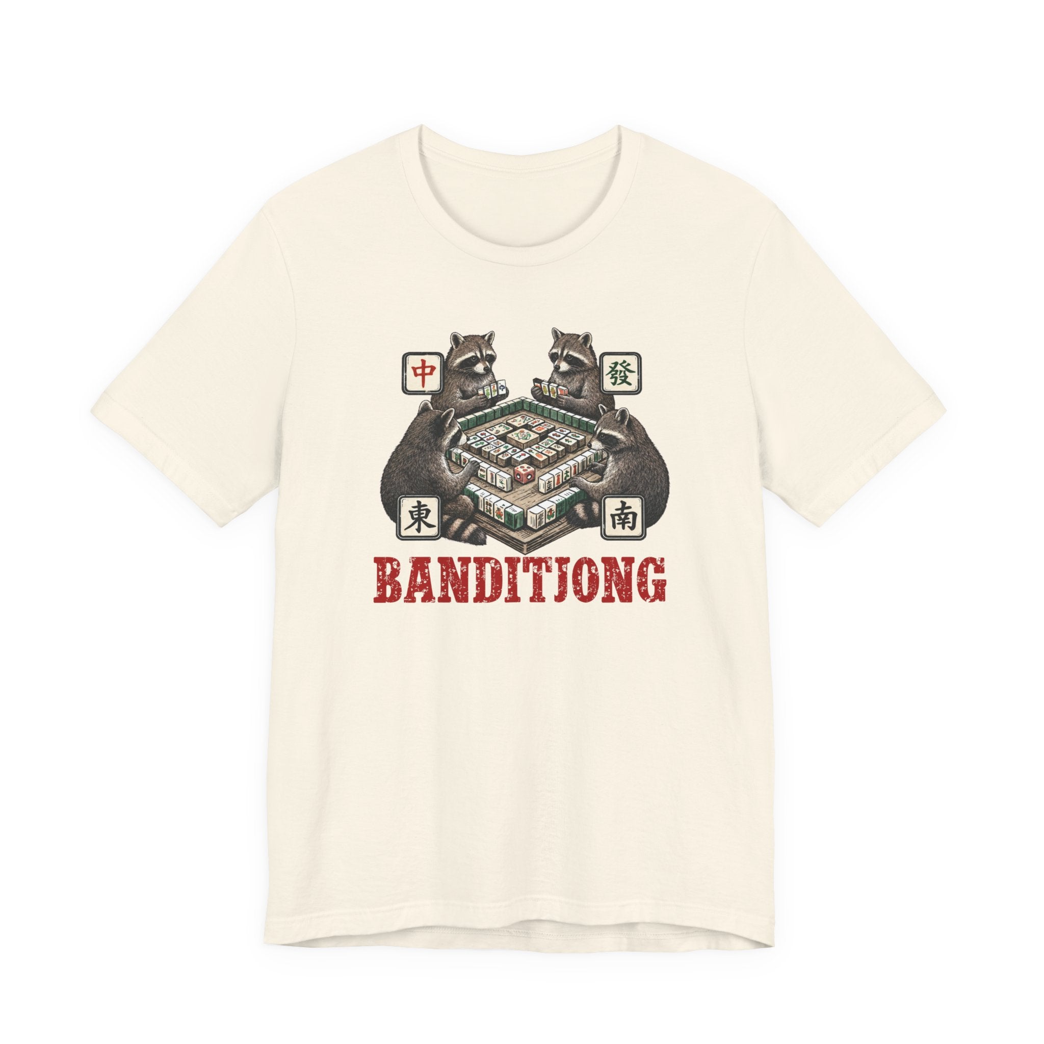 Mahjong Bella Canvas 3001 shirt, Raccoons playing Banditjong outfit, vintage Chinese tile game gift
