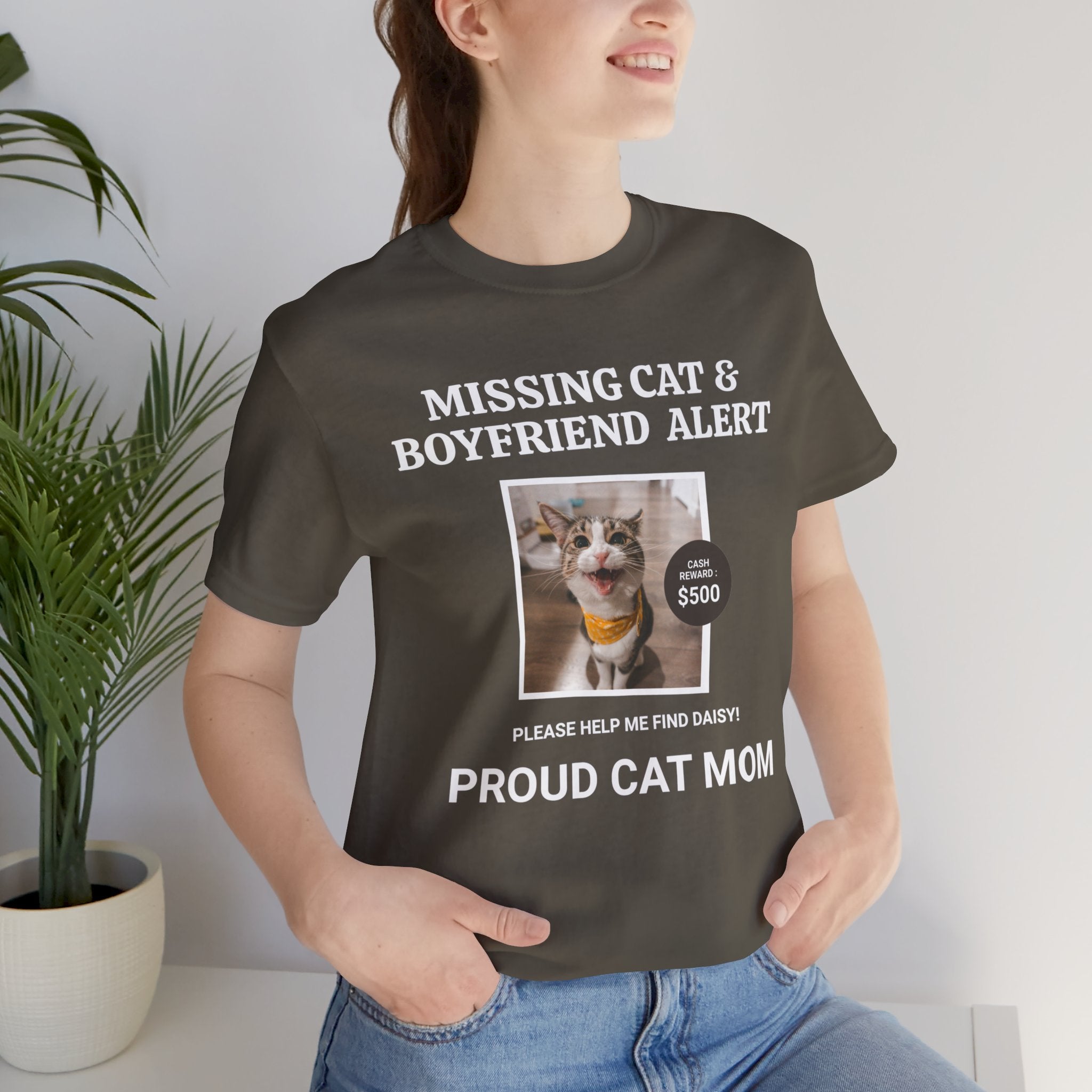 Funny Missing Cat & Boyfriend Alert Unisex Jersey Short Sleeve T-shirt, Cat Mom shirt, Funny Cat Shirt, Cat lover Shirt, Gift for Cat Mom, Cat T-shirt