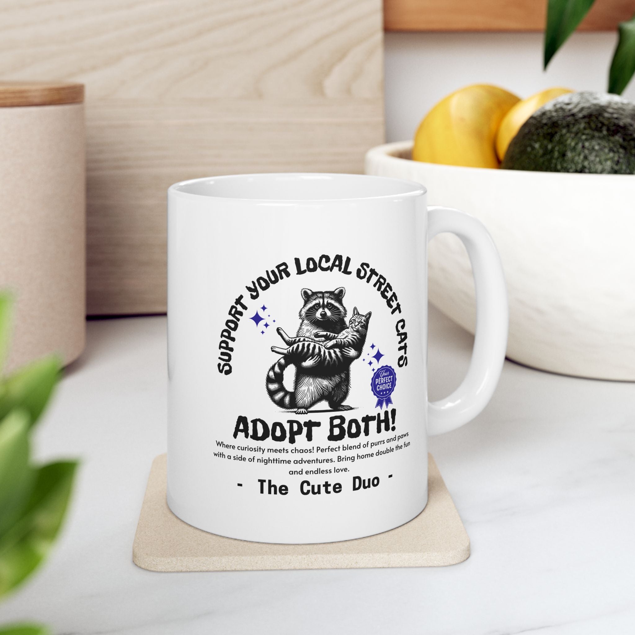 Funny Raccoon Ceramic Mug, (11oz, 15oz), Funny Cat Mug, Support Your Local Street Cats Mug, Cat Lover Mug, Gift for Cat Lovers