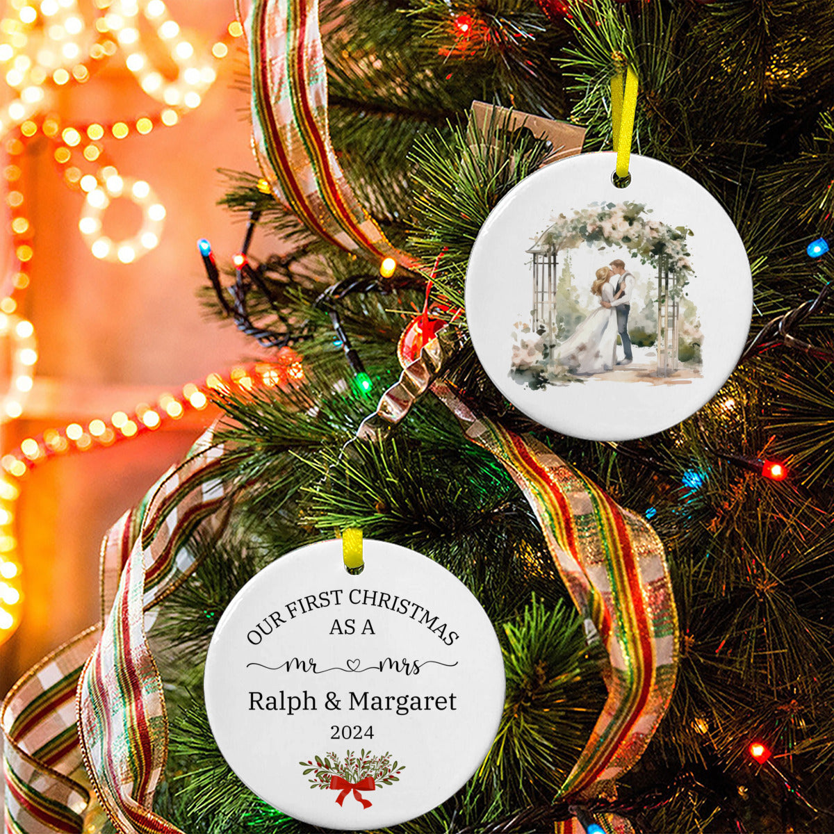 Personalized Christmas Ornament, First Christmas As Mr & Mrs Ornament, Two side Print