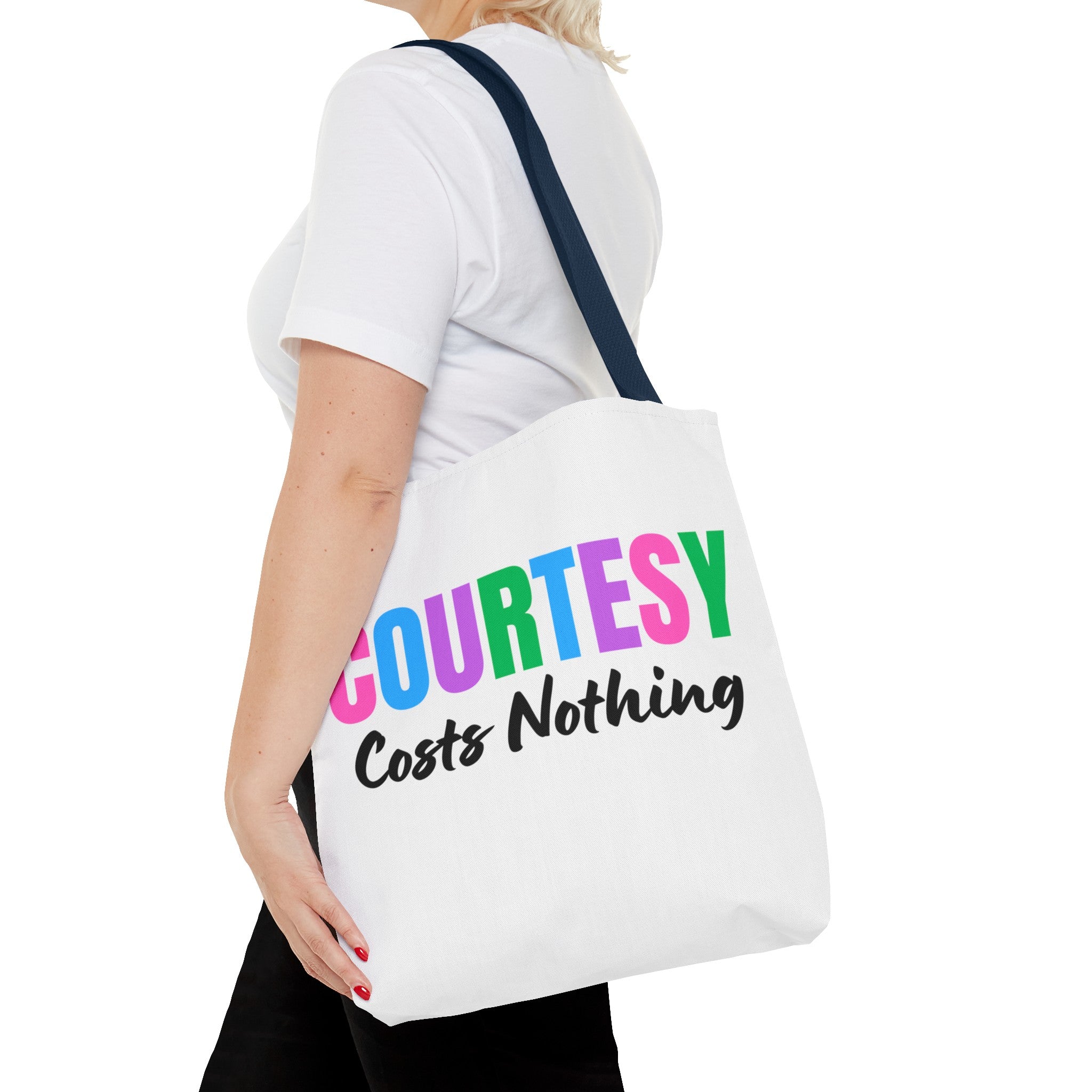 Courtesy Costs Nothing Tote Bag (AOP), Kindness Bag, Respect Bag, Show Compassion, Be Courteous, Stop Bullying