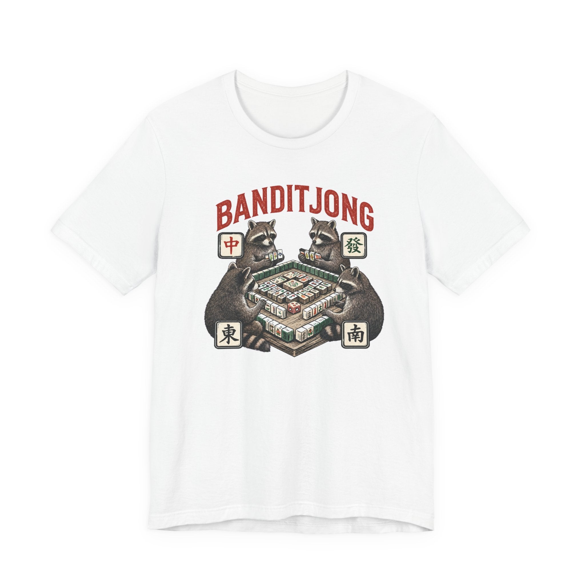 Mahjong Bella Canvas 3001 shirt, Raccoons playing Banditjong outfit, vintage Chinese tile game gift